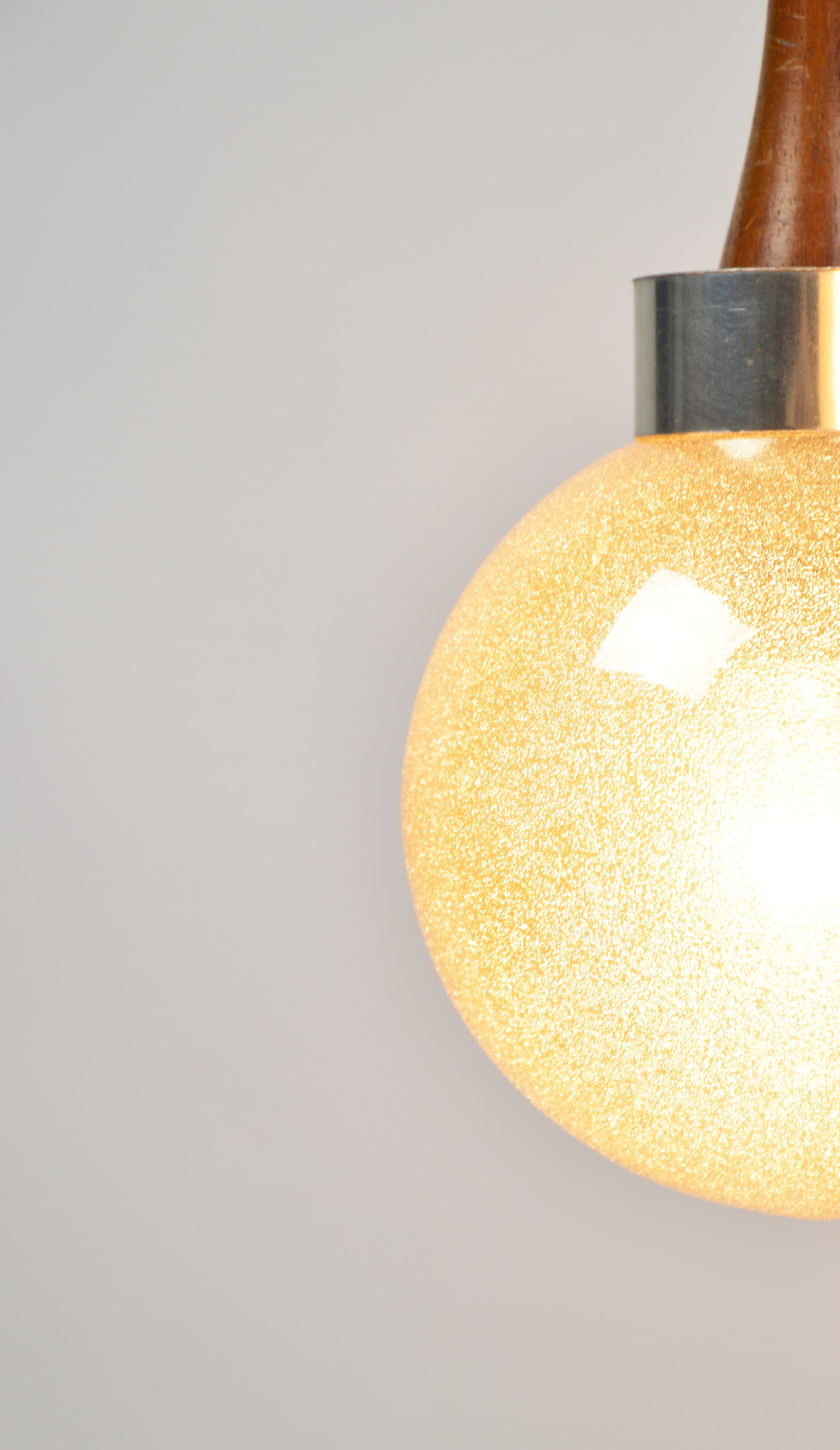Cascading pendant lamp, yellow glass, brown wood, silver metal, 1970s. - 397542