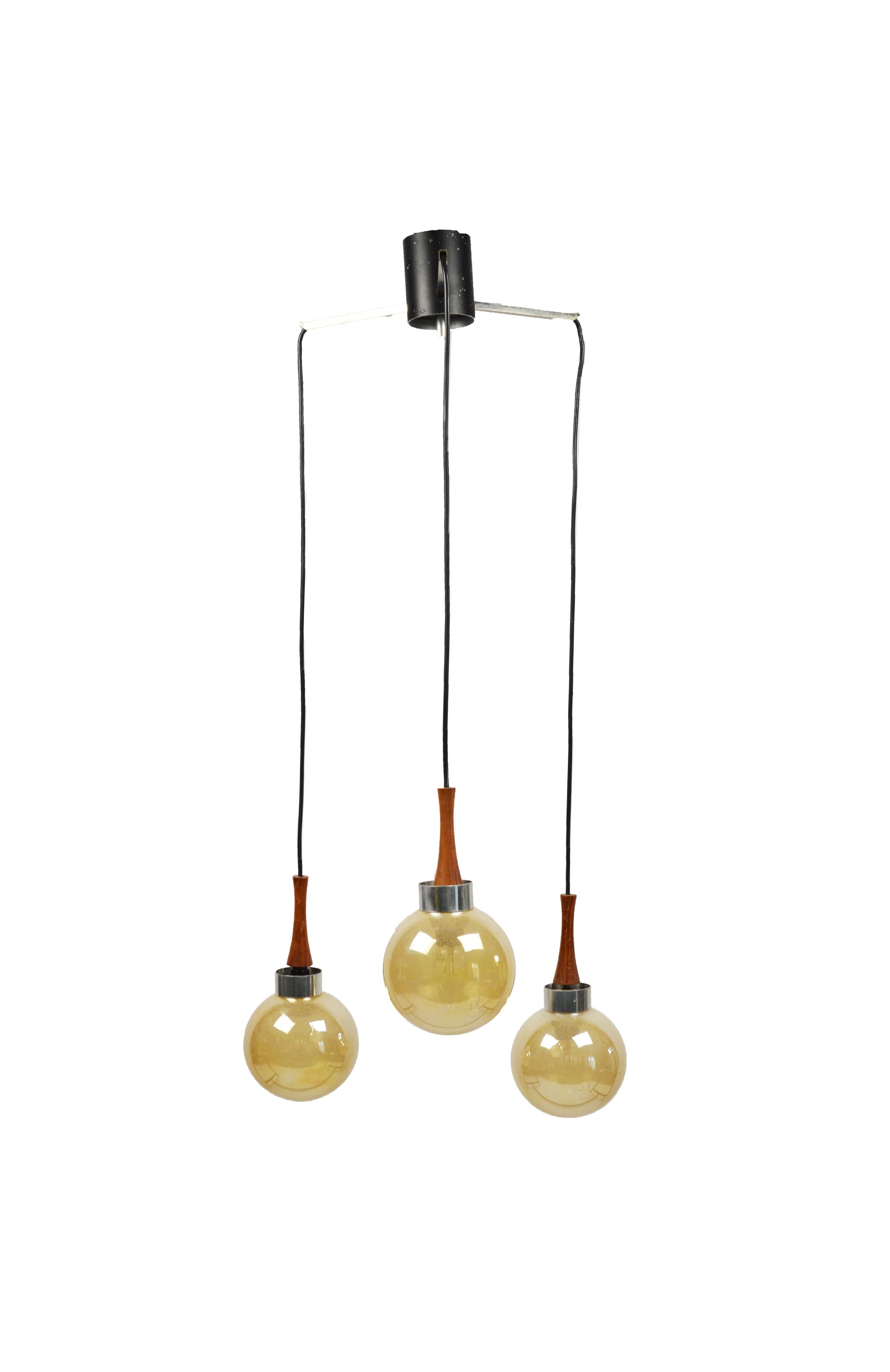 Cascading pendant lamp, yellow glass, brown wood, silver metal, 1970s. - 397532