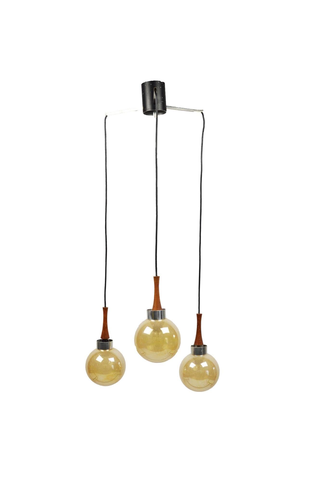 Cascading pendant lamp, yellow glass, brown wood, silver metal, 1970s.