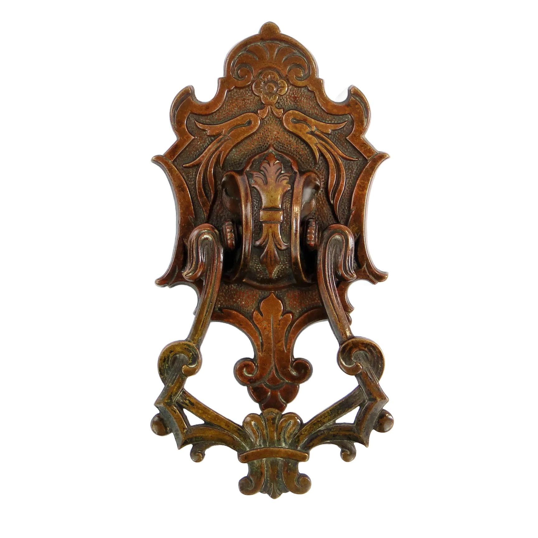 Kołatka do drzwi secesyjna, muszla, brąz brązowy, Austria, początek XX w.