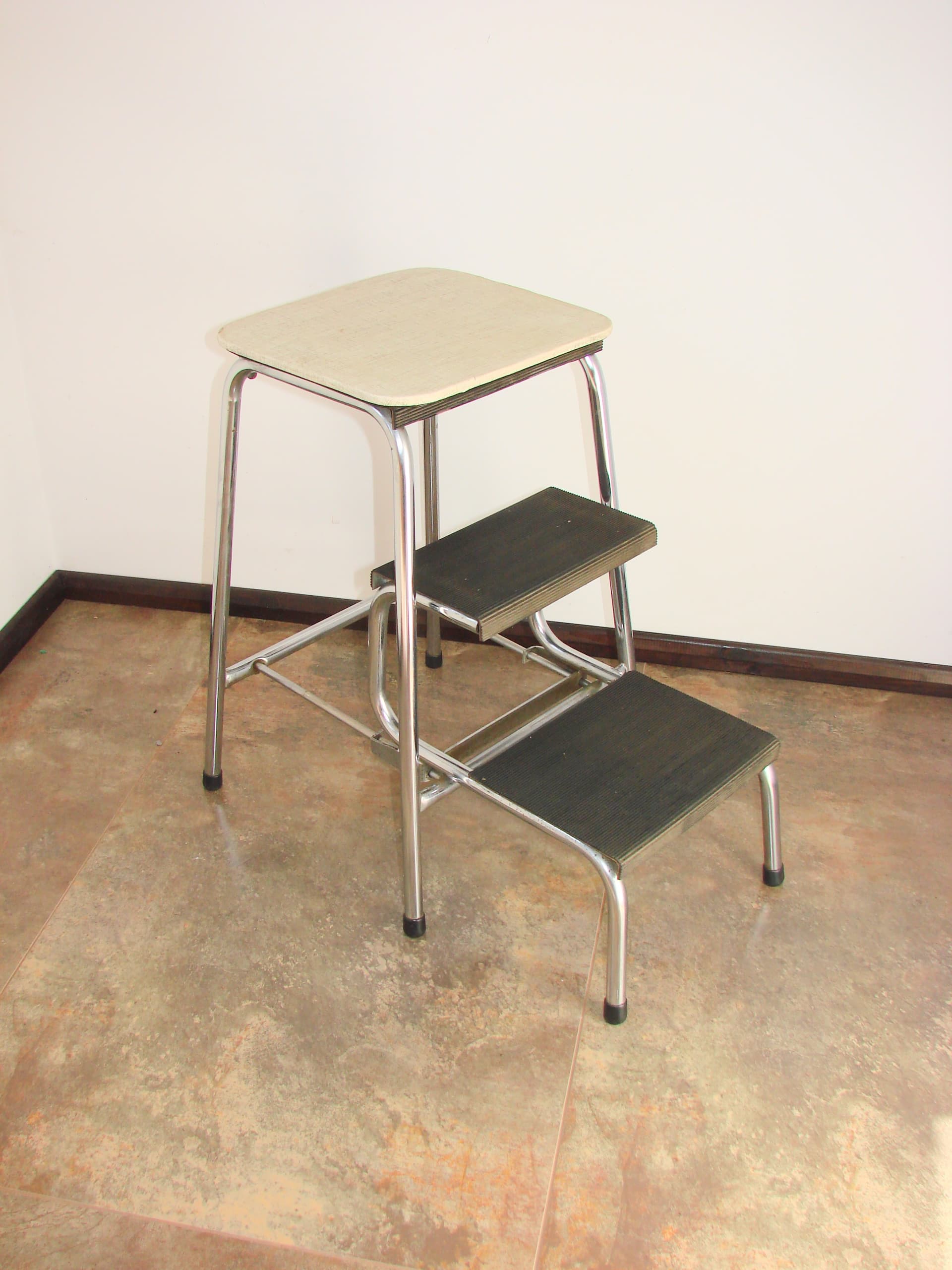 Step stool Klettermax, silver black brown, polished steel wood, Hailo, Germany, 1970s. - 398055