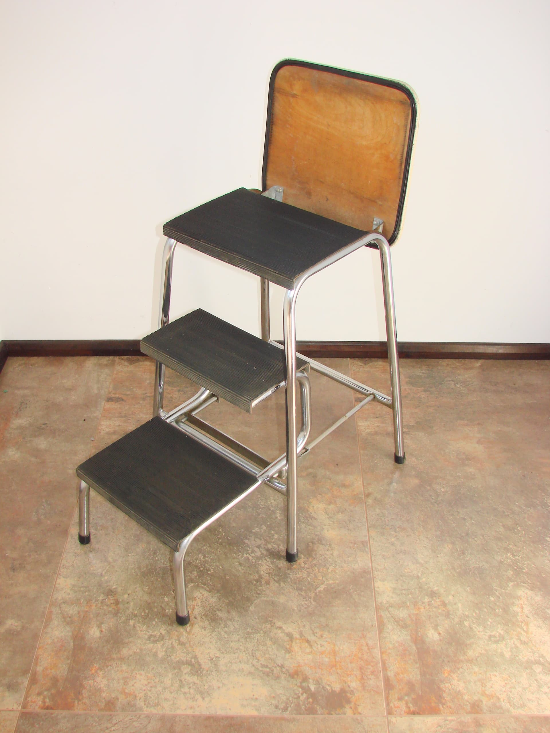 Step stool Klettermax, silver black brown, polished steel wood, Hailo, Germany, 1970s. - 398052
