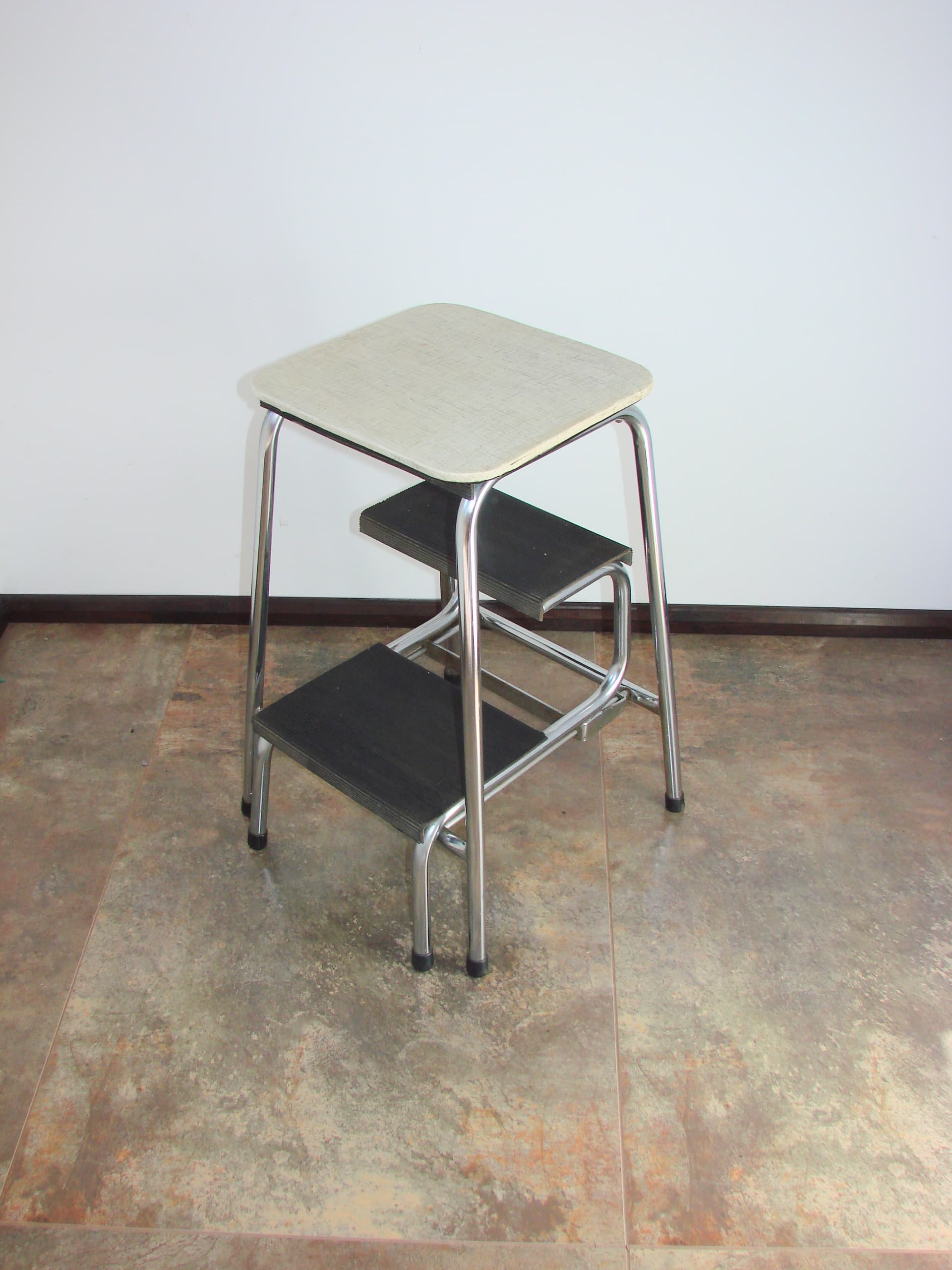 Step stool Klettermax, silver black brown, polished steel wood, Hailo, Germany, 1970s. - 398054