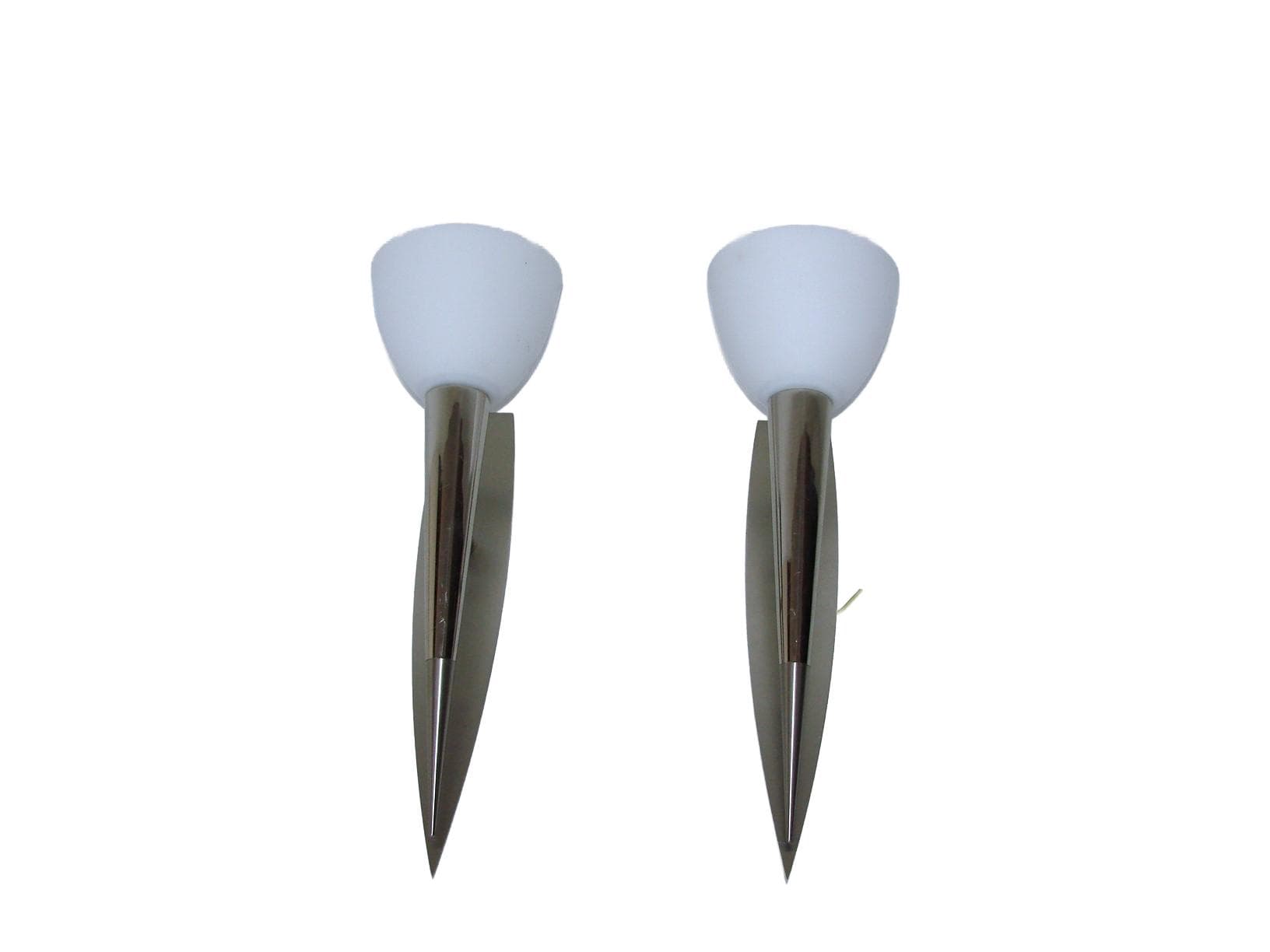 Pair of wall sconces Torches, silver, polished steel, white glass, 1990s