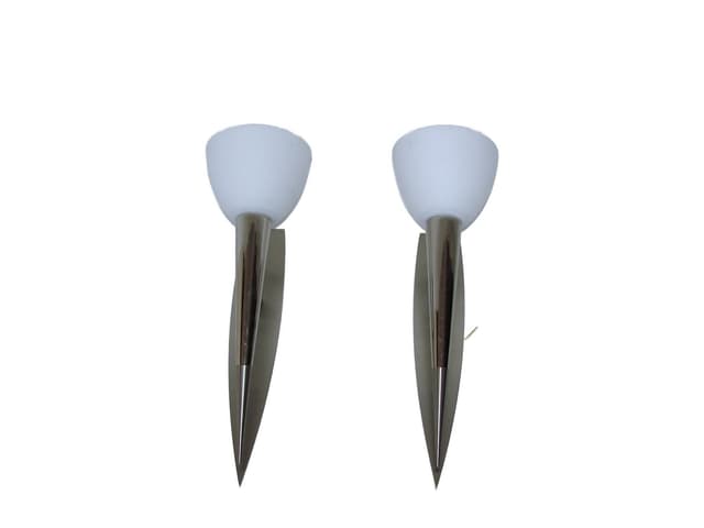 Pair of wall sconces Torches, silver, polished steel, white glass, 1990s - DIMENSION