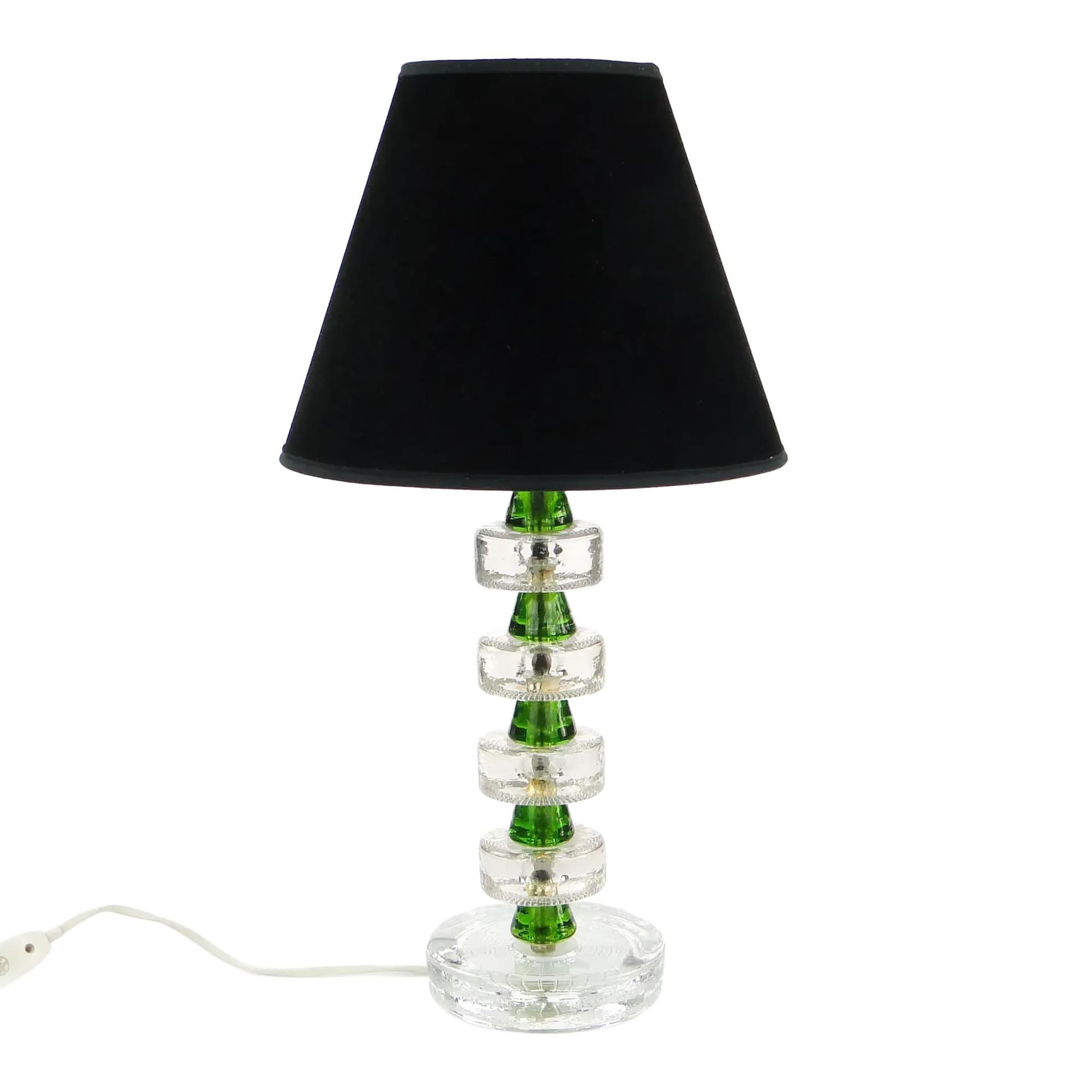 Table lamp, transparent and green glass, black velour, Norway, 1980s.