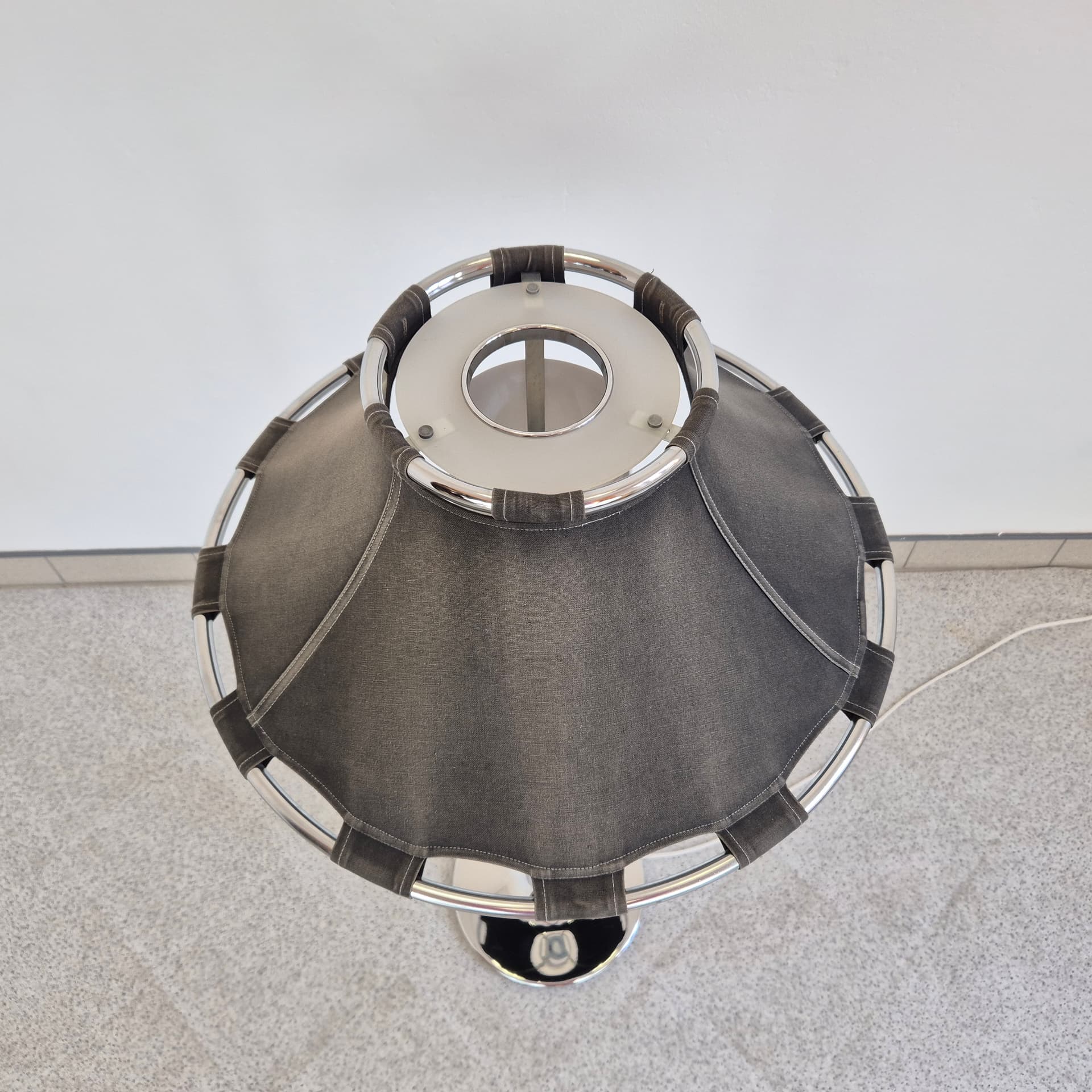 Floor lamp Anna, grey fabric, chromed steel, by A. Ehrner, Ateljé Lyktan, Sweden, 1980s. - 398184