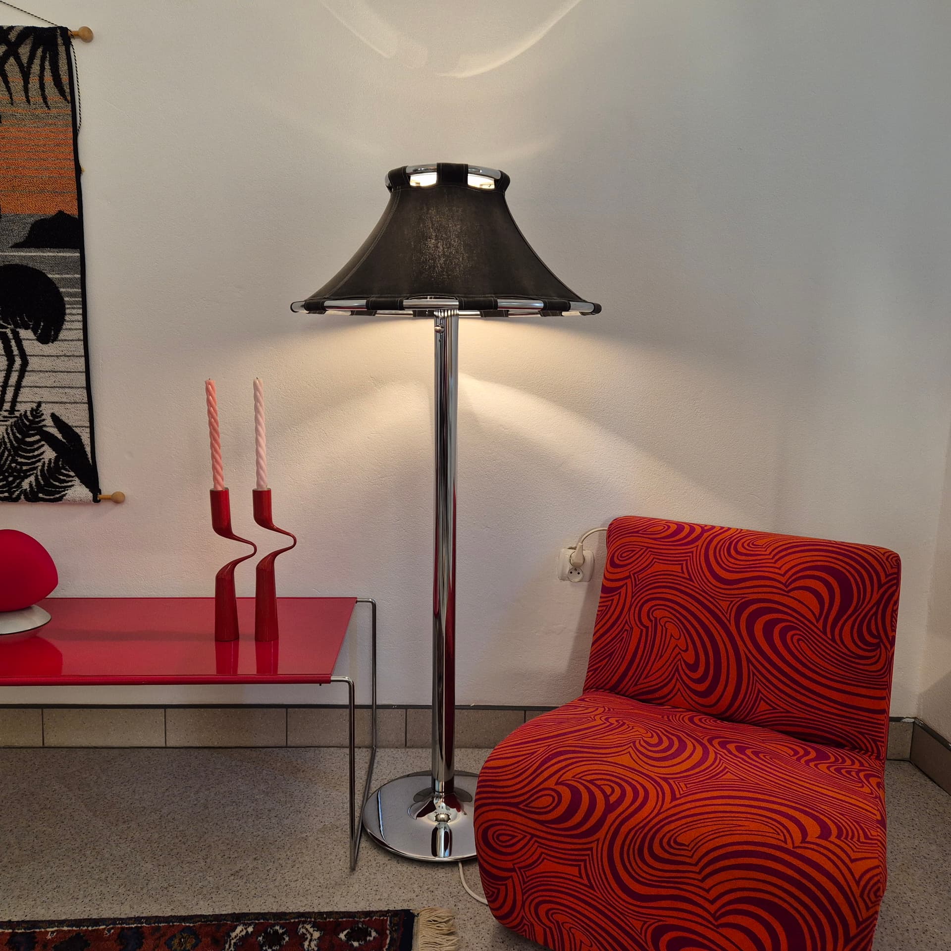 Floor lamp Anna, grey fabric, chromed steel, by A. Ehrner, Ateljé Lyktan, Sweden, 1980s. - 398194