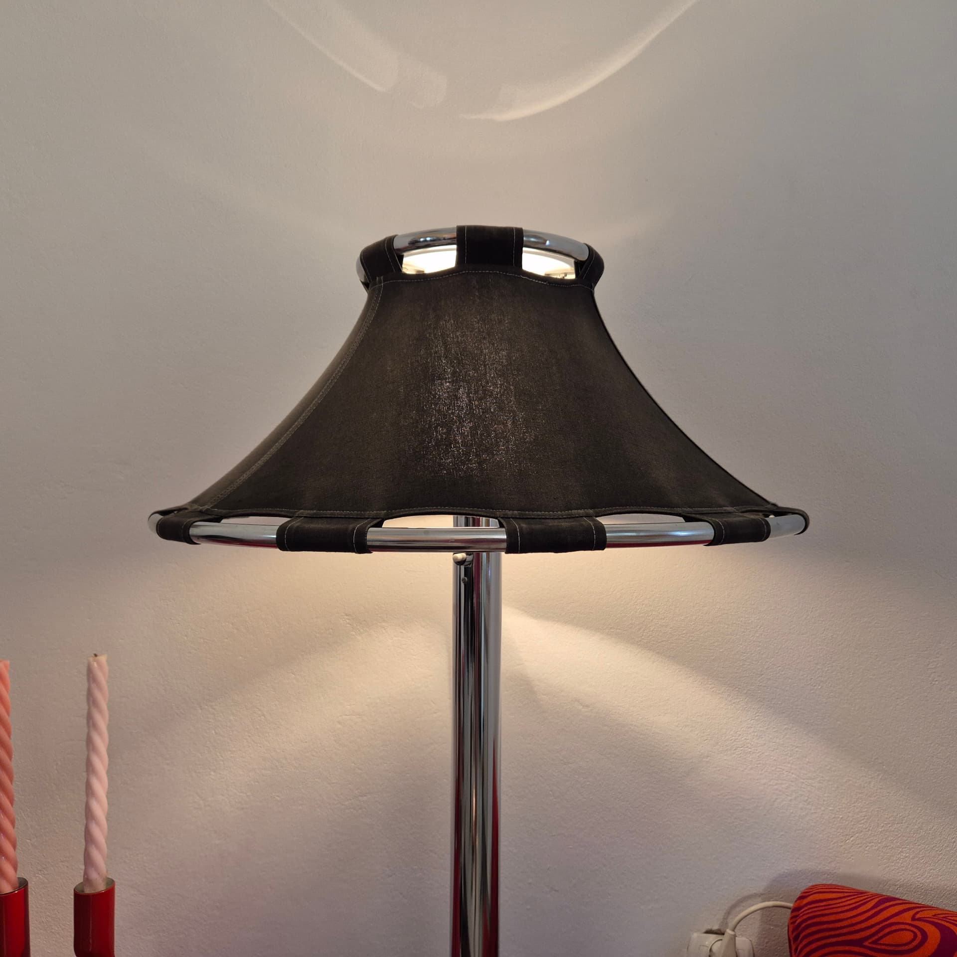 Floor lamp Anna, grey fabric, chromed steel, by A. Ehrner, Ateljé Lyktan, Sweden, 1980s. - 398191