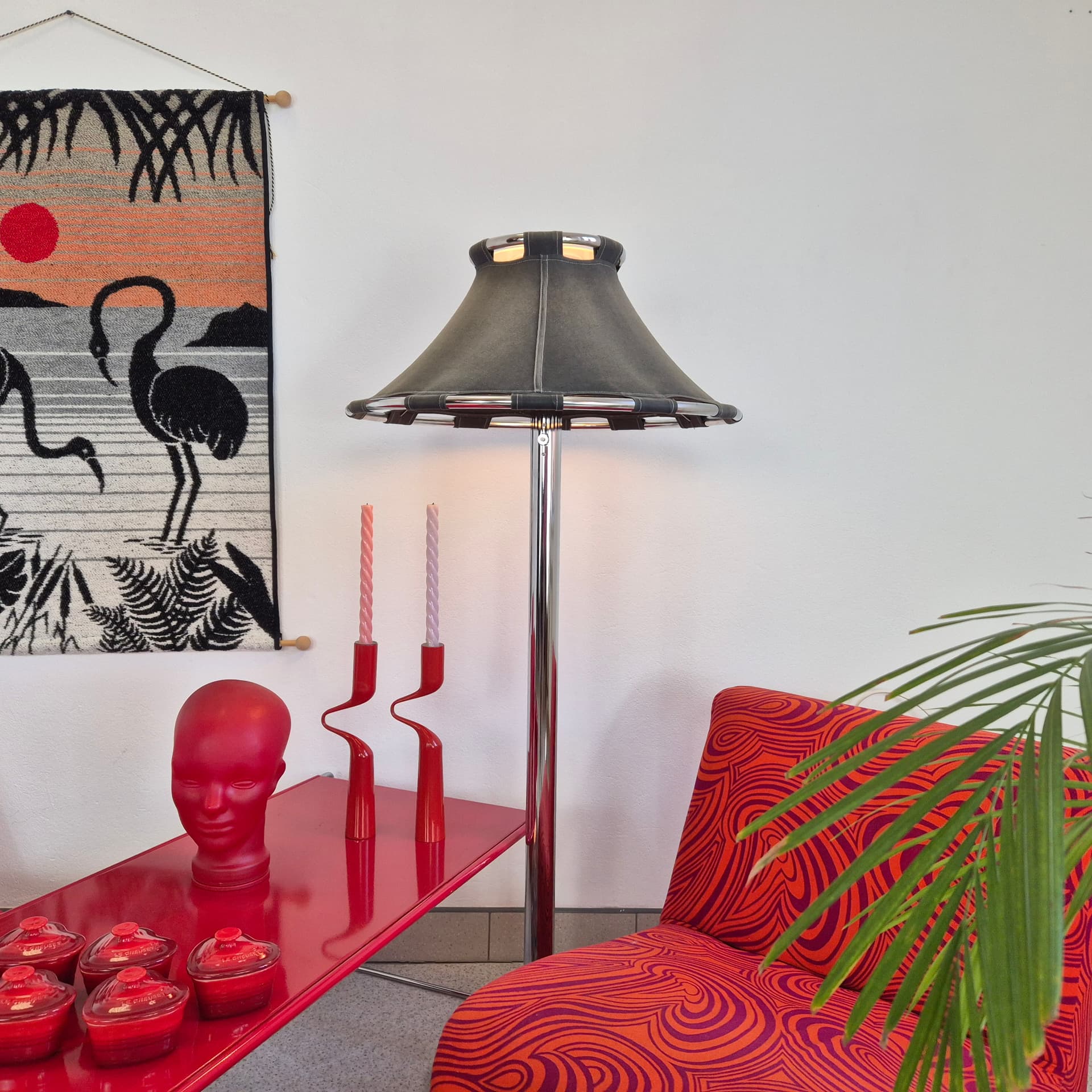 Floor lamp Anna, grey fabric, chromed steel, by A. Ehrner, Ateljé Lyktan, Sweden, 1980s. - 398192