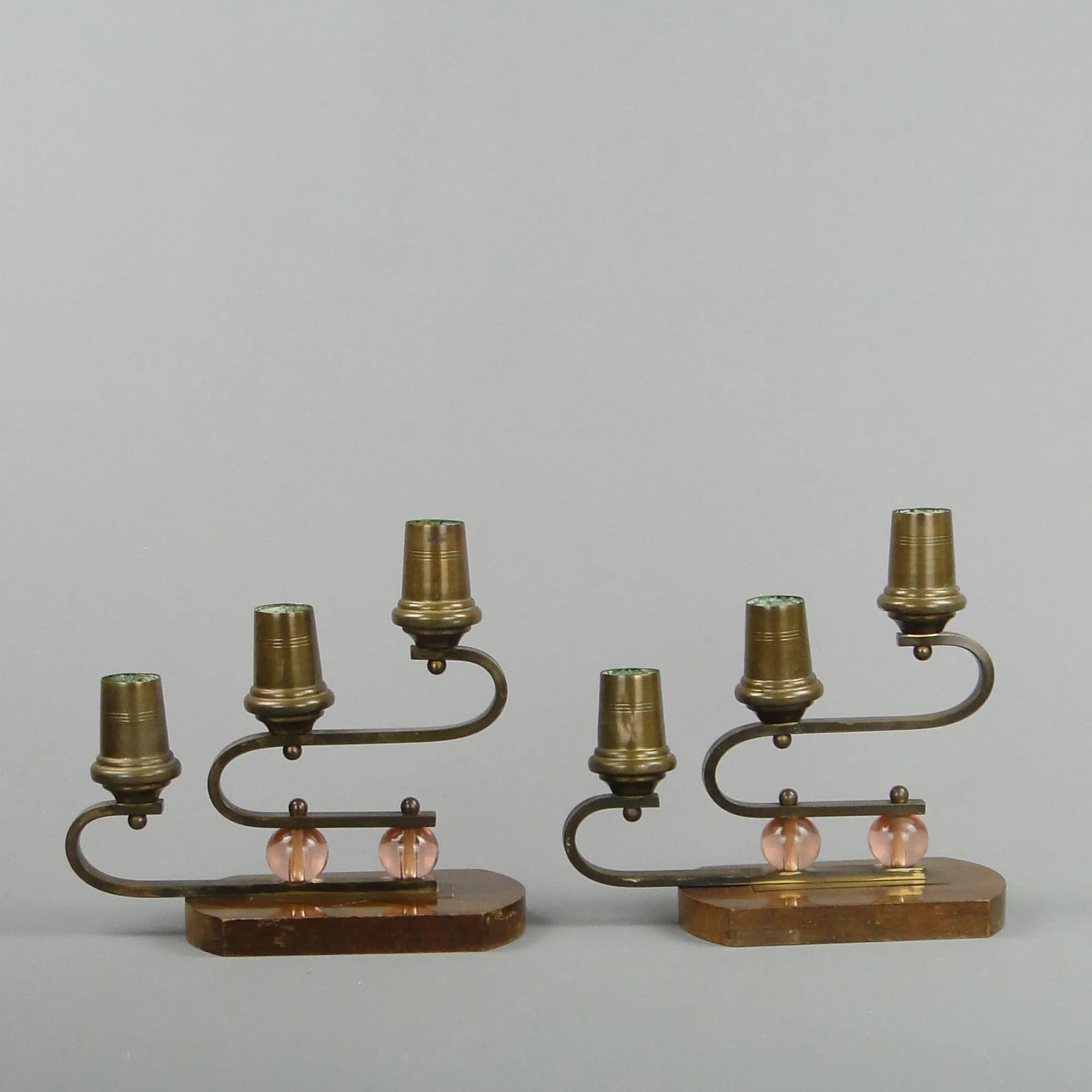 Para świeczników Art déco, orzech brązowy, mosiądz, szkło, Niemcy, lata 40. - 29153