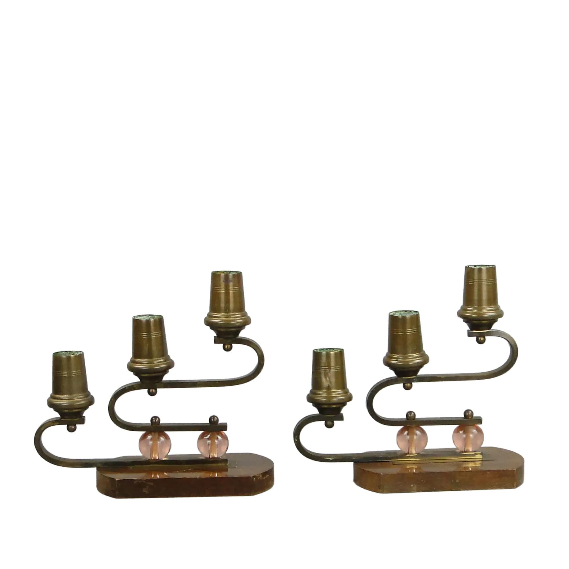 Para świeczników Art déco, orzech brązowy, mosiądz, szkło, Niemcy, lata 40.