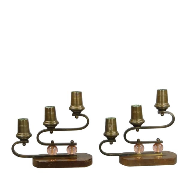 Para świeczników Art déco, orzech brązowy, mosiądz, szkło, Niemcy, lata 40. - WYMIARY