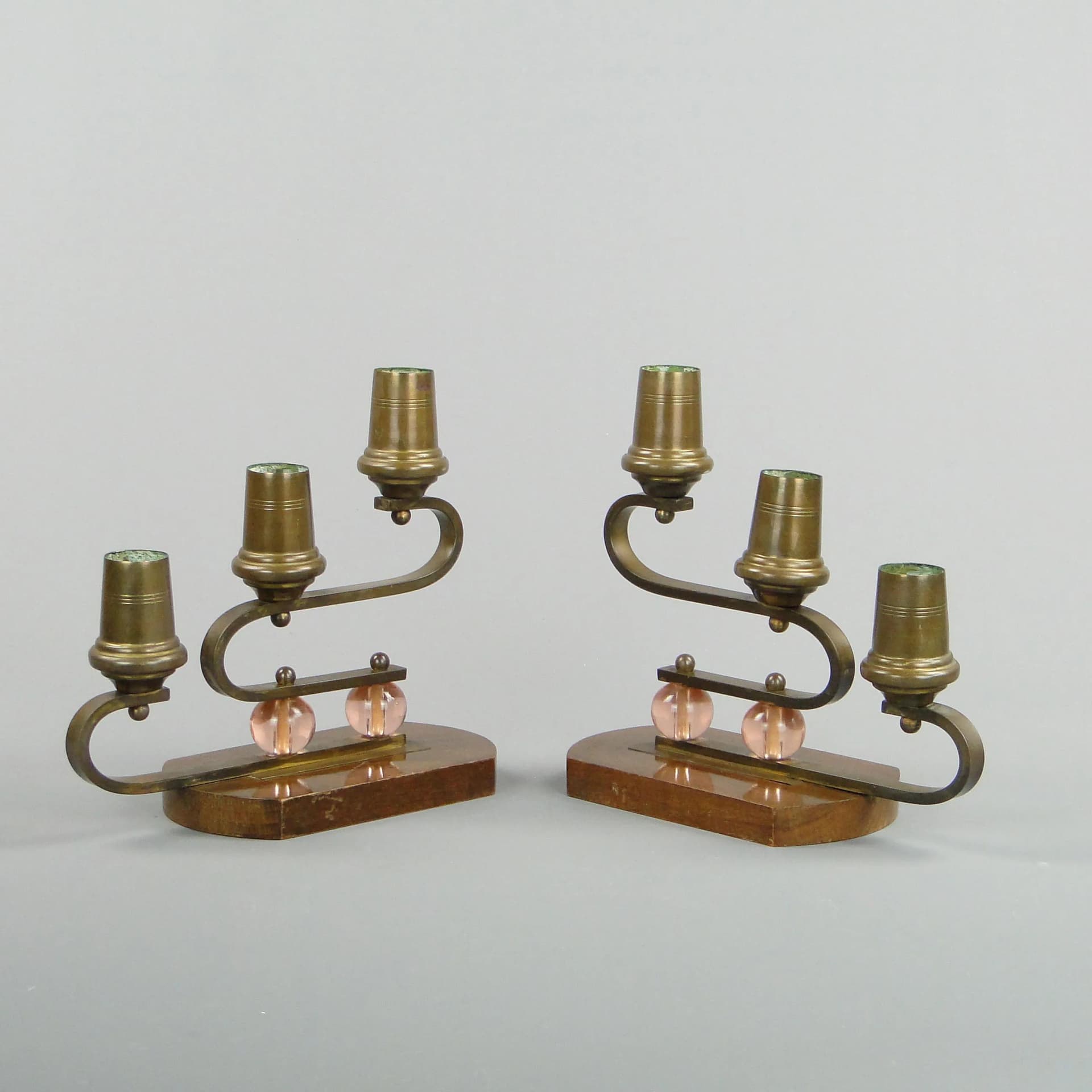 Para świeczników Art déco, orzech brązowy, mosiądz, szkło, Niemcy, lata 40. - 29157