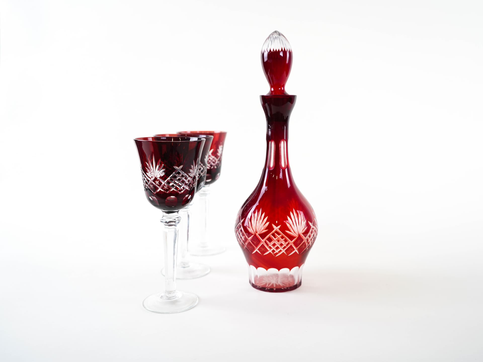 Zestaw karafka i kieliszki Art Déco, kryształ czerwony przezroczysty, początek XX w. - 398448