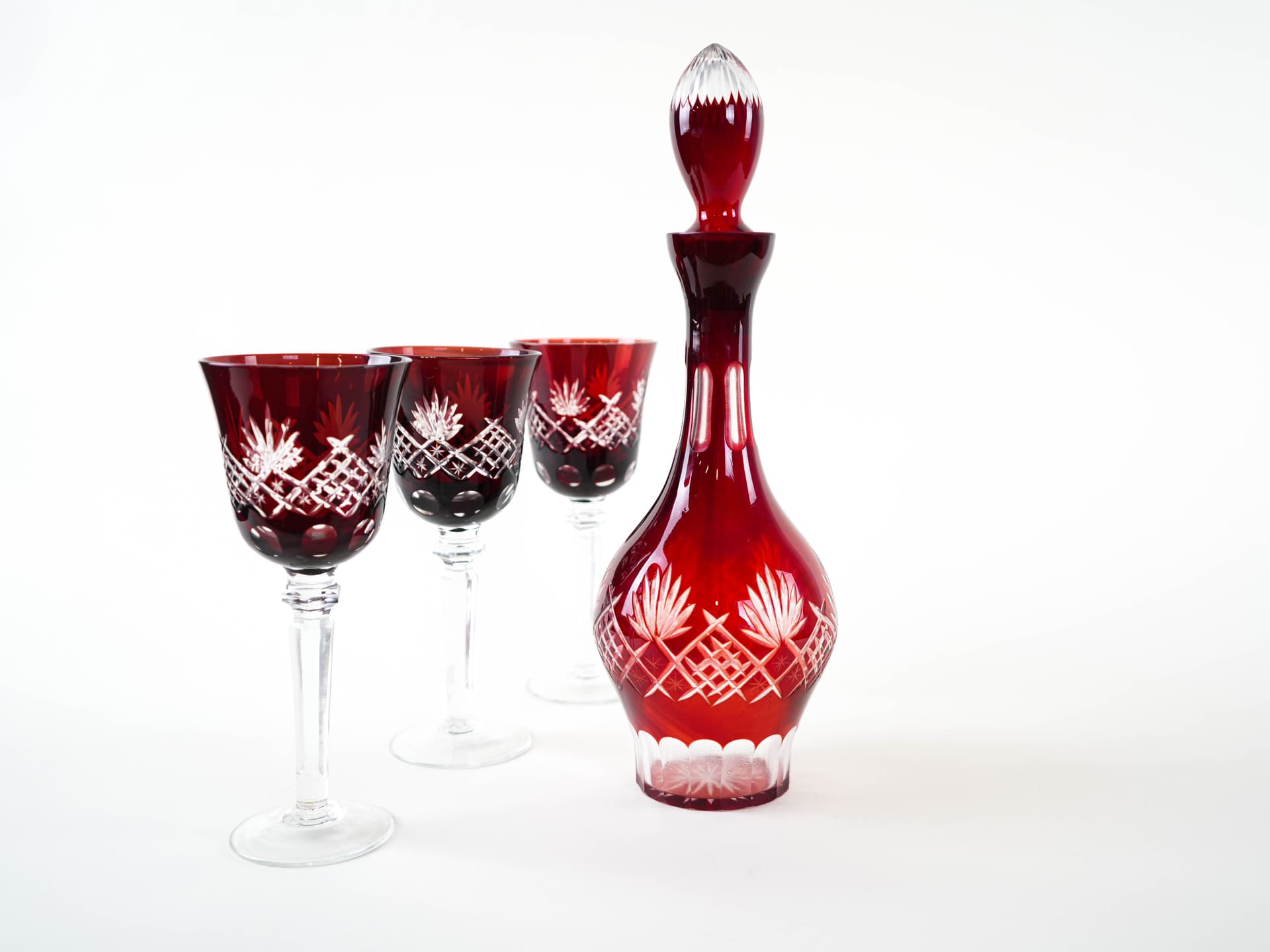 Zestaw karafka i kieliszki Art Déco, kryształ czerwony przezroczysty, początek XX w. - 398450