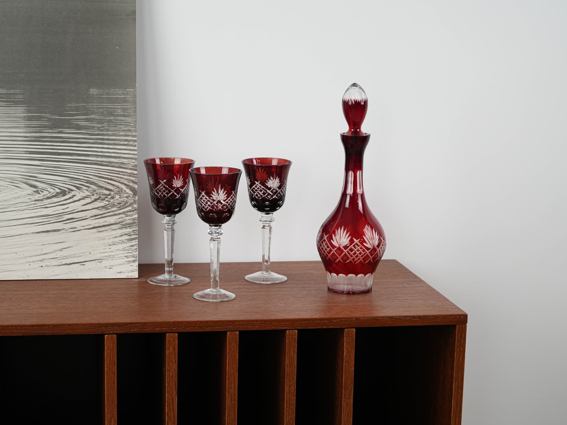 Zestaw karafka i kieliszki Art Déco, kryształ czerwony przezroczysty, początek XX w. - 398453