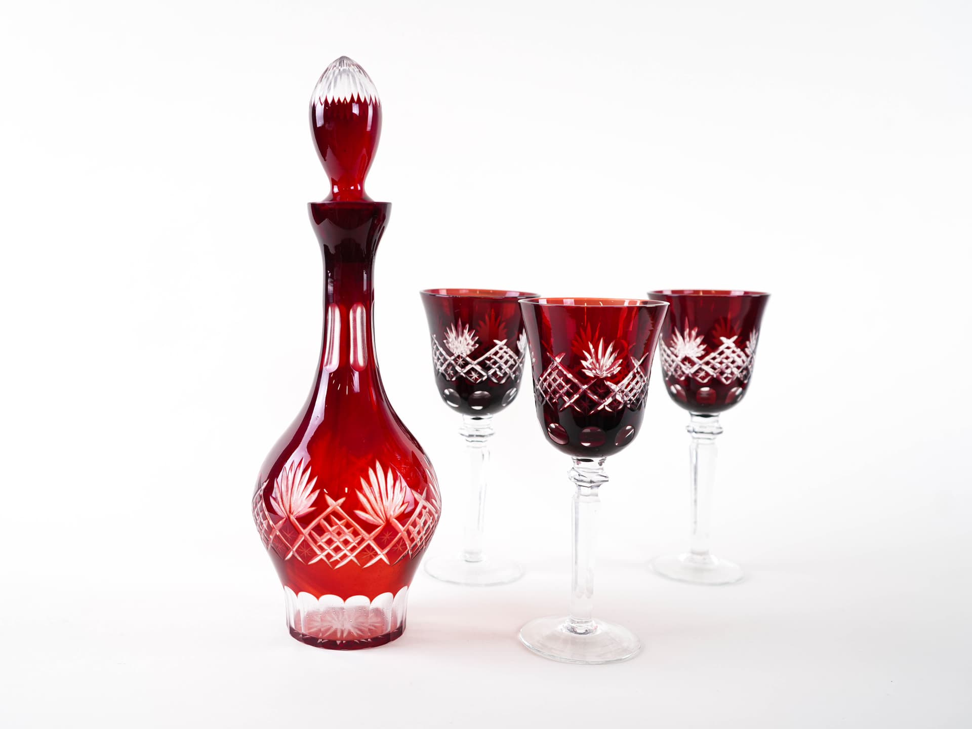 Zestaw karafka i kieliszki Art Déco, kryształ czerwony przezroczysty, początek XX w. - 398446