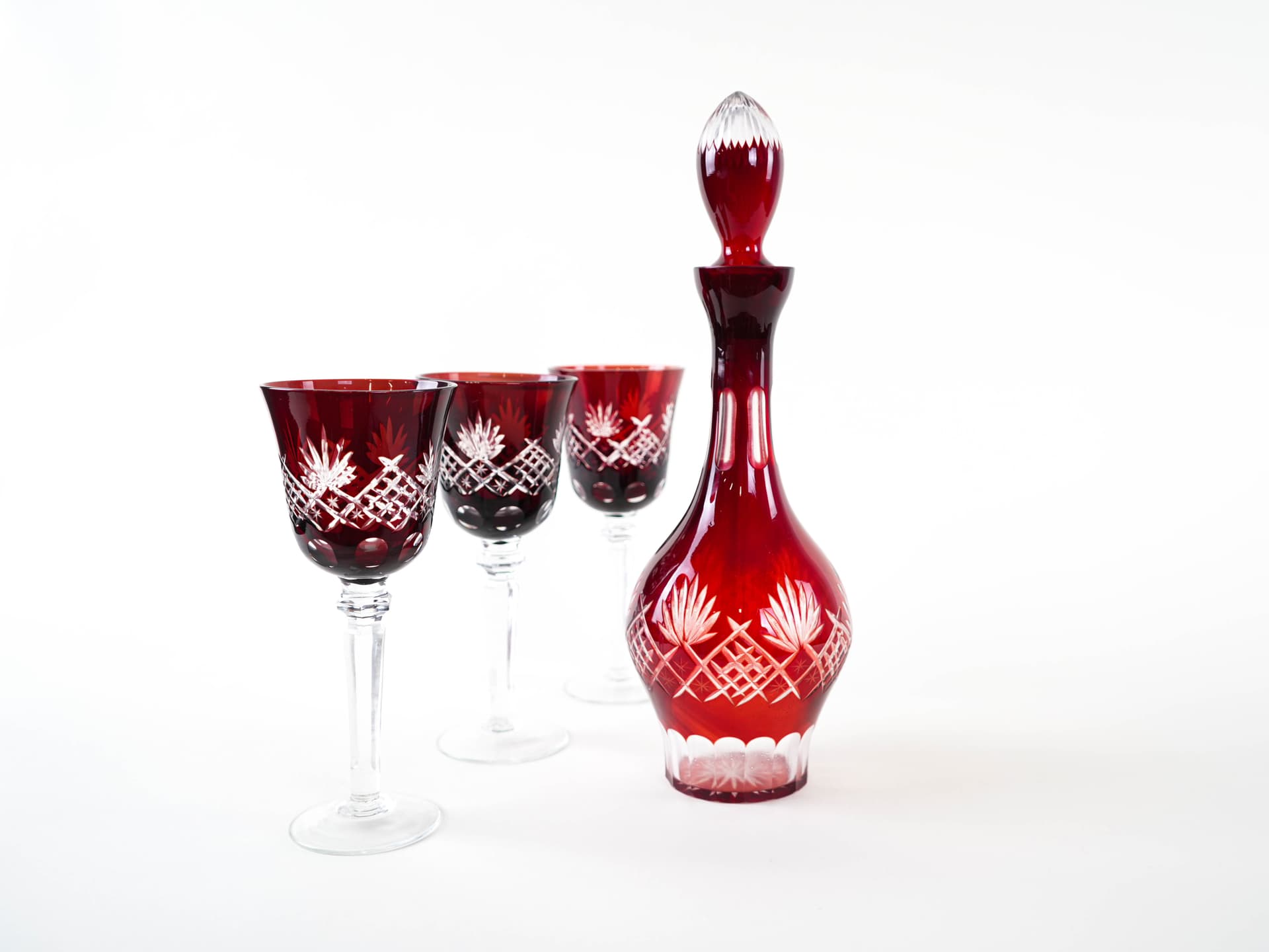 Zestaw karafka i kieliszki Art Déco, kryształ czerwony przezroczysty, początek XX w. - 398447