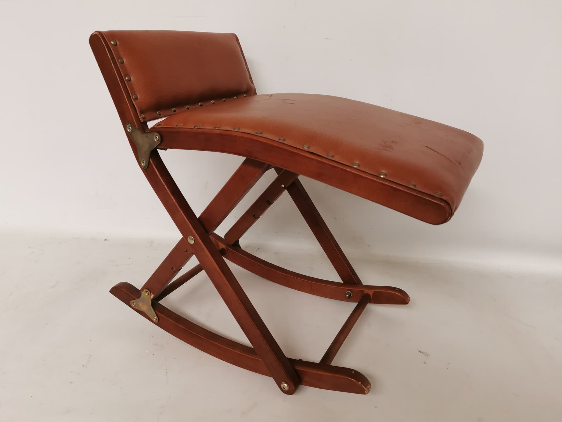 Rocking footstool, brown, wood, leatherette, Germany, 1960s. - 398475