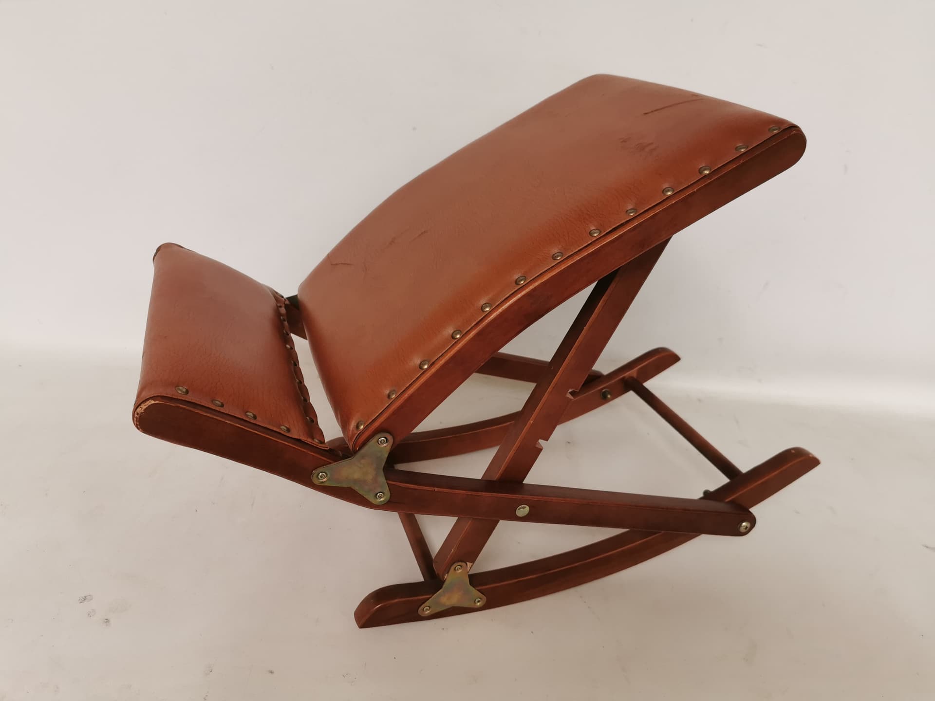 Rocking footstool, brown, wood, leatherette, Germany, 1960s. - 398477