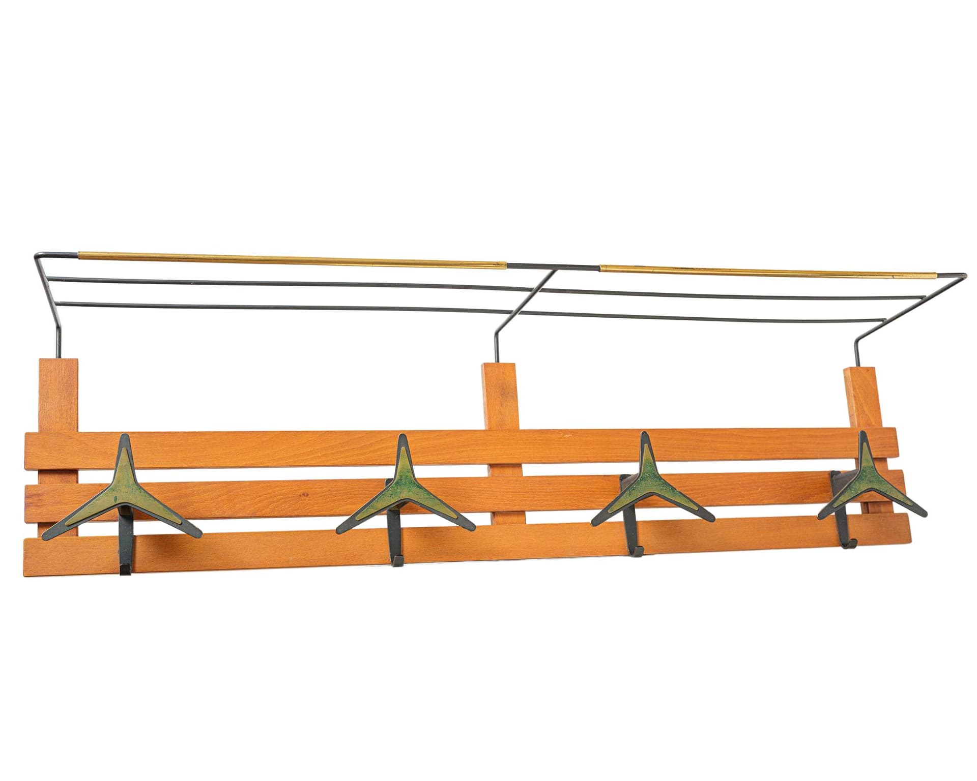 Wall-mounted coat rack, brown wood, black metal, Italy, 1970s.
