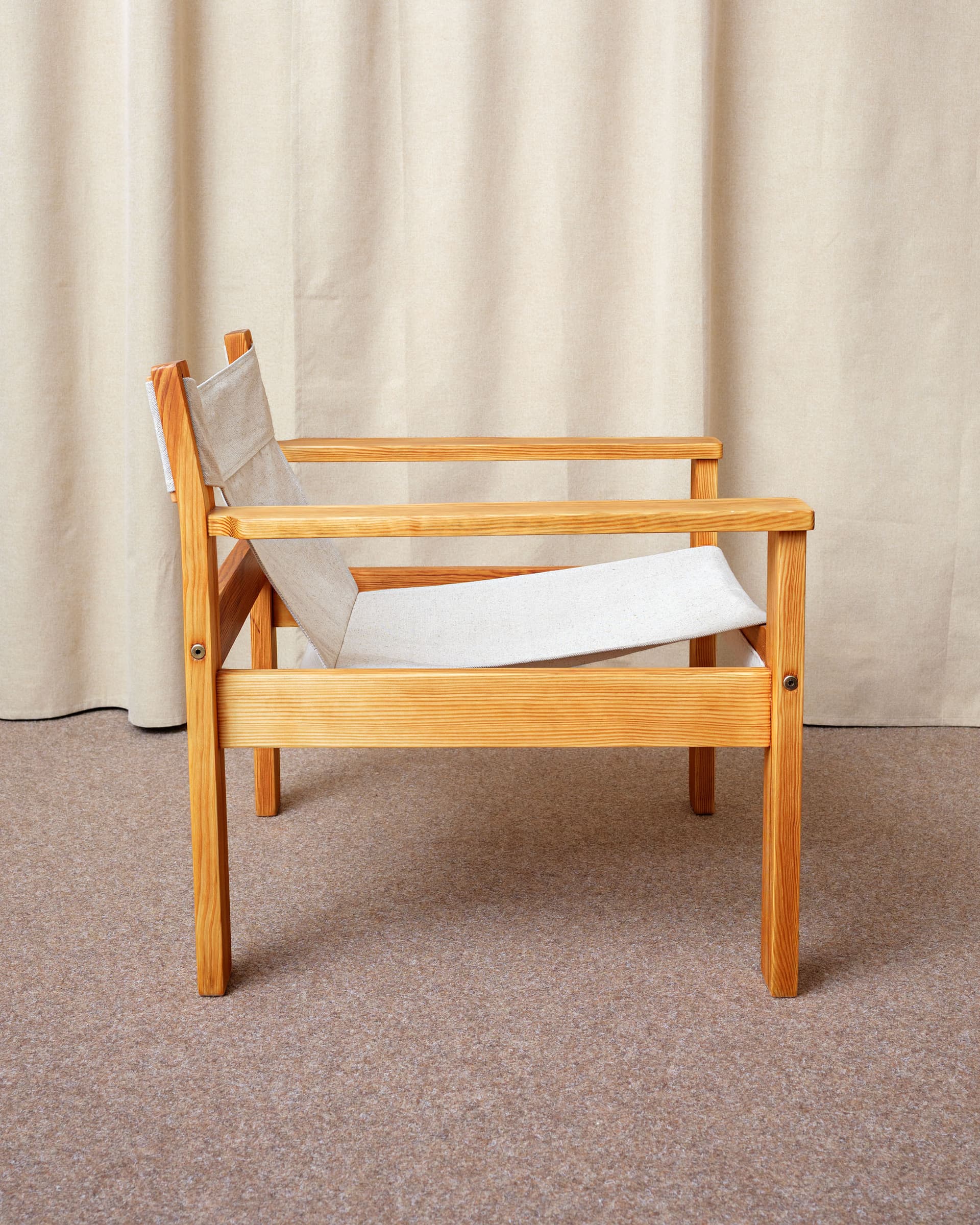 Fotel Safari chair, len beżowy, sosna brązowy, proj. E. Worts, Ikea, Szwecja, lata 70. - 398645