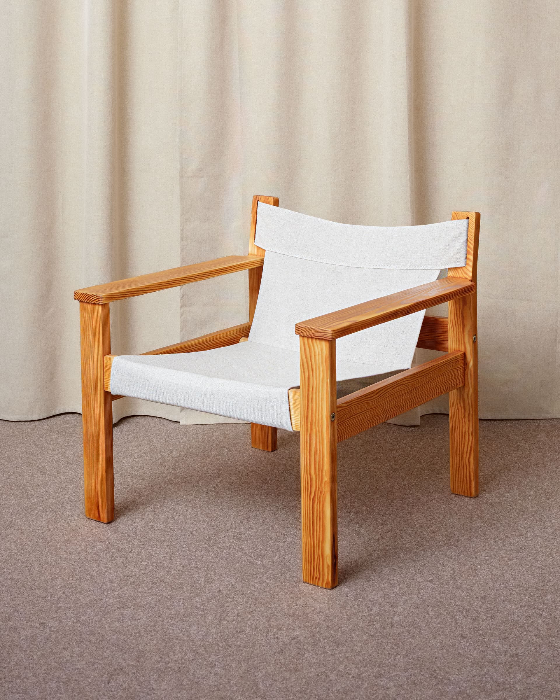 Fotel Safari chair, len beżowy, sosna brązowy, proj. E. Worts, Ikea, Szwecja, lata 70. - 398646