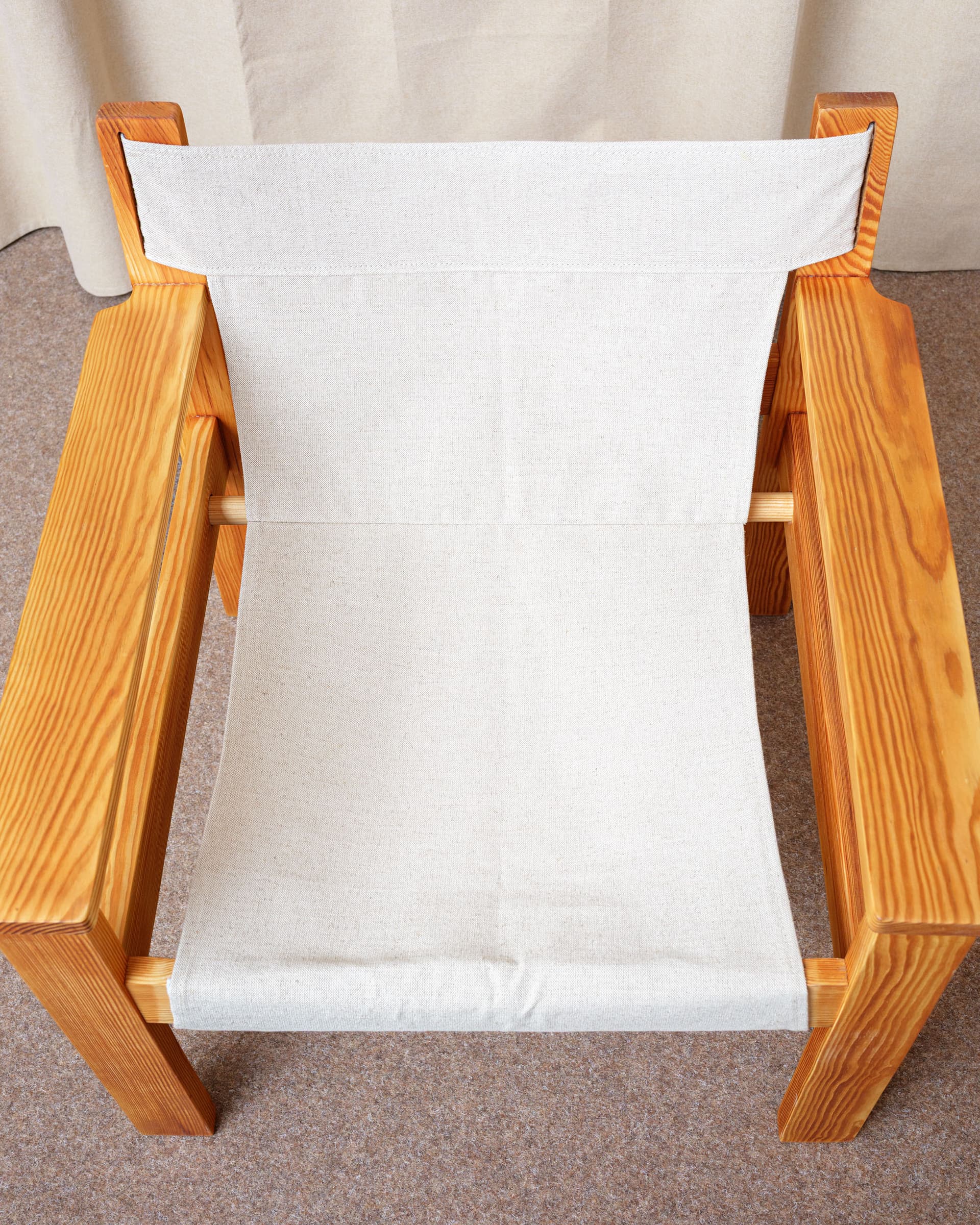 Fotel Safari chair, len beżowy, sosna brązowy, proj. E. Worts, Ikea, Szwecja, lata 70. - 398648