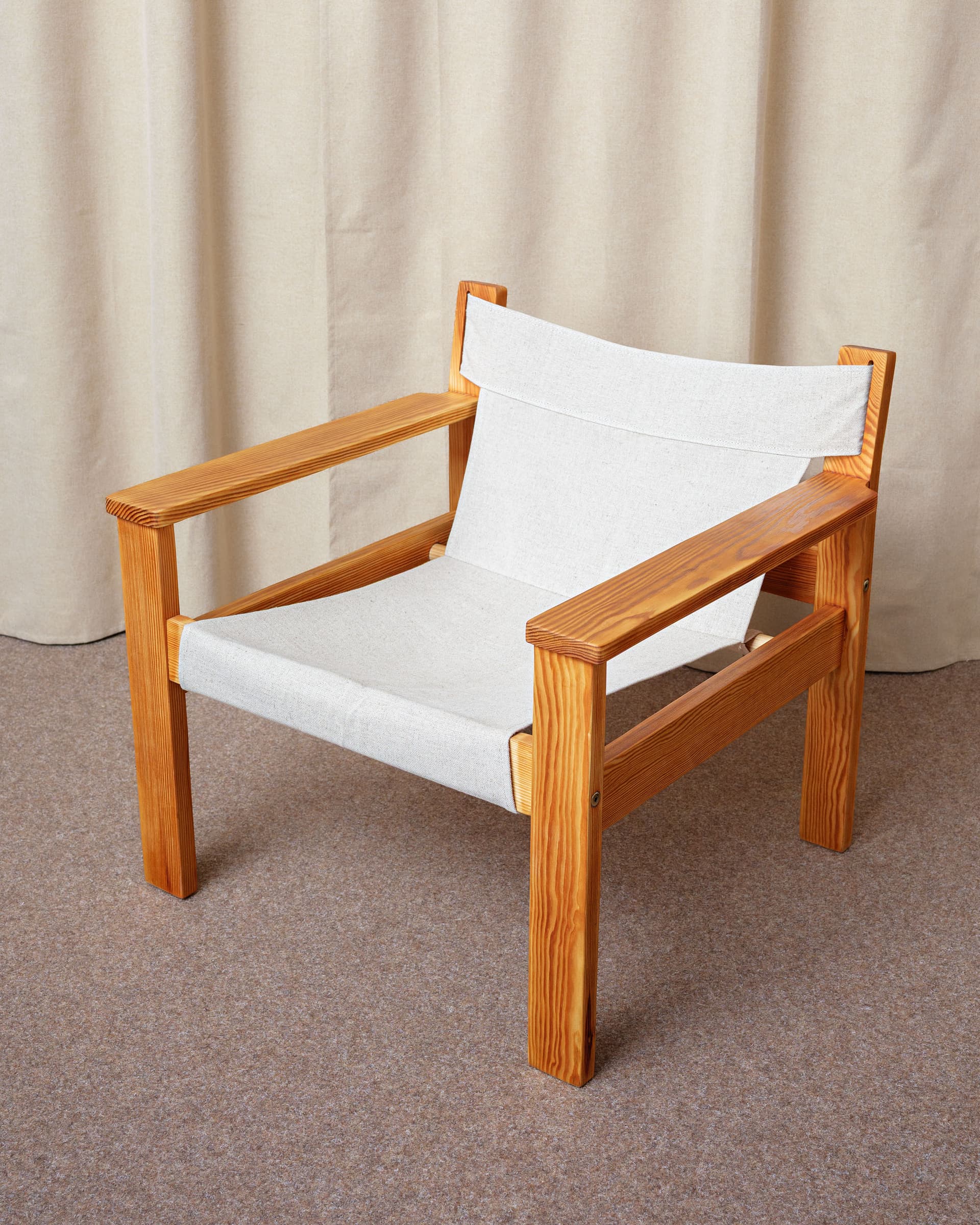 Fotel Safari chair, len beżowy, sosna brązowy, proj. E. Worts, Ikea, Szwecja, lata 70. - 398643