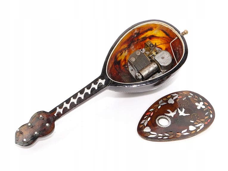 Mandolin Music Box, brown composite, brass, Switzerland, early 20th century - 398719