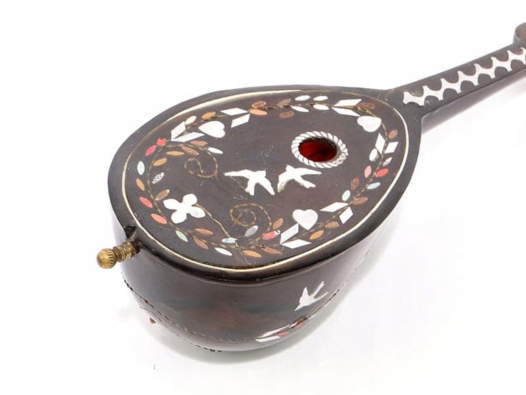 Mandolin Music Box, brown composite, brass, Switzerland, early 20th century - 398714