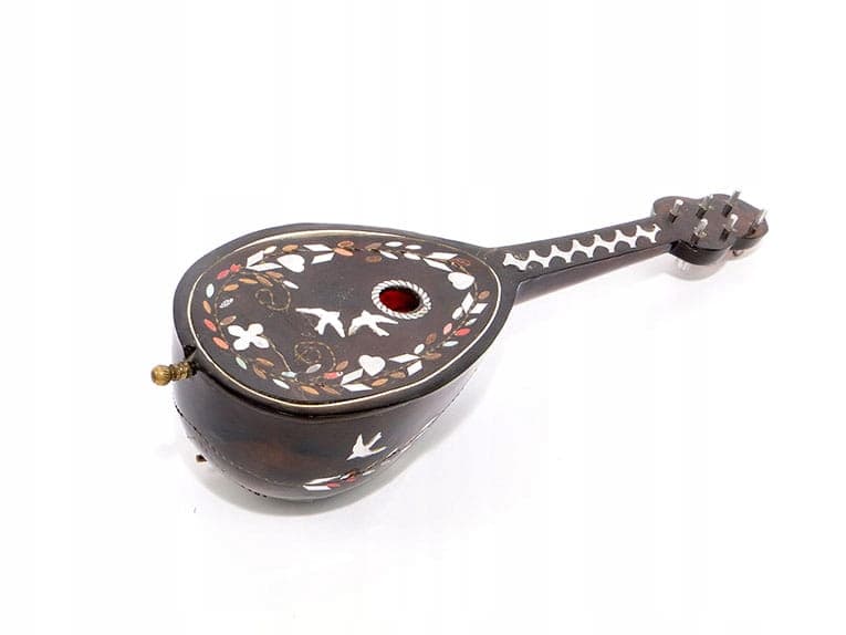 Mandolin Music Box, brown composite, brass, Switzerland, early 20th century - 398713