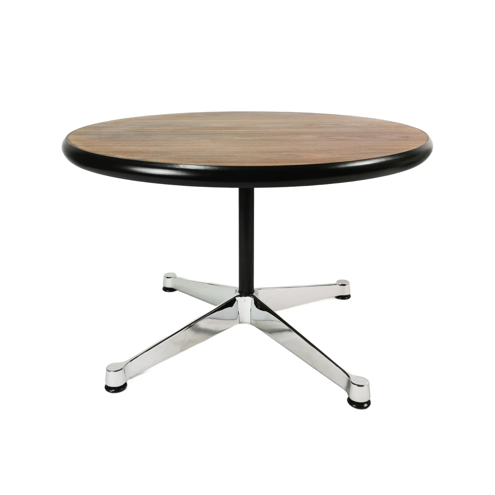 Coffee Table Eames Contract, American walnut brown, black plastic, polished steel silver, by C. & R. Eames, Vitra, Switzerland, 1980s.