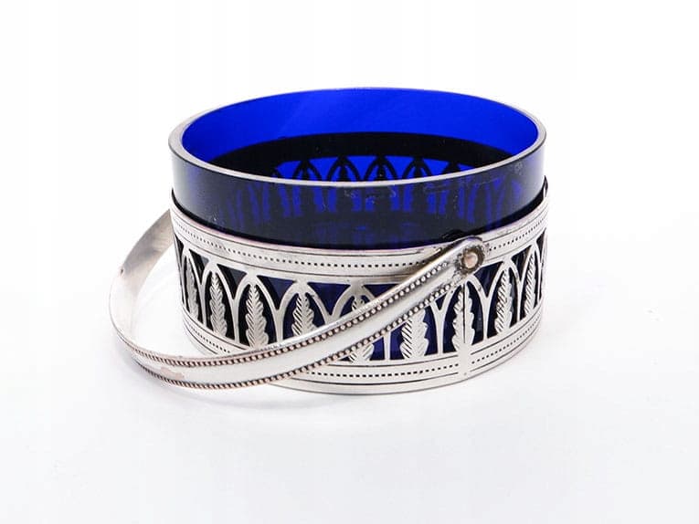 Sugar bowl Art Deco, cobalt glass, silver metal, 1930s - 399022