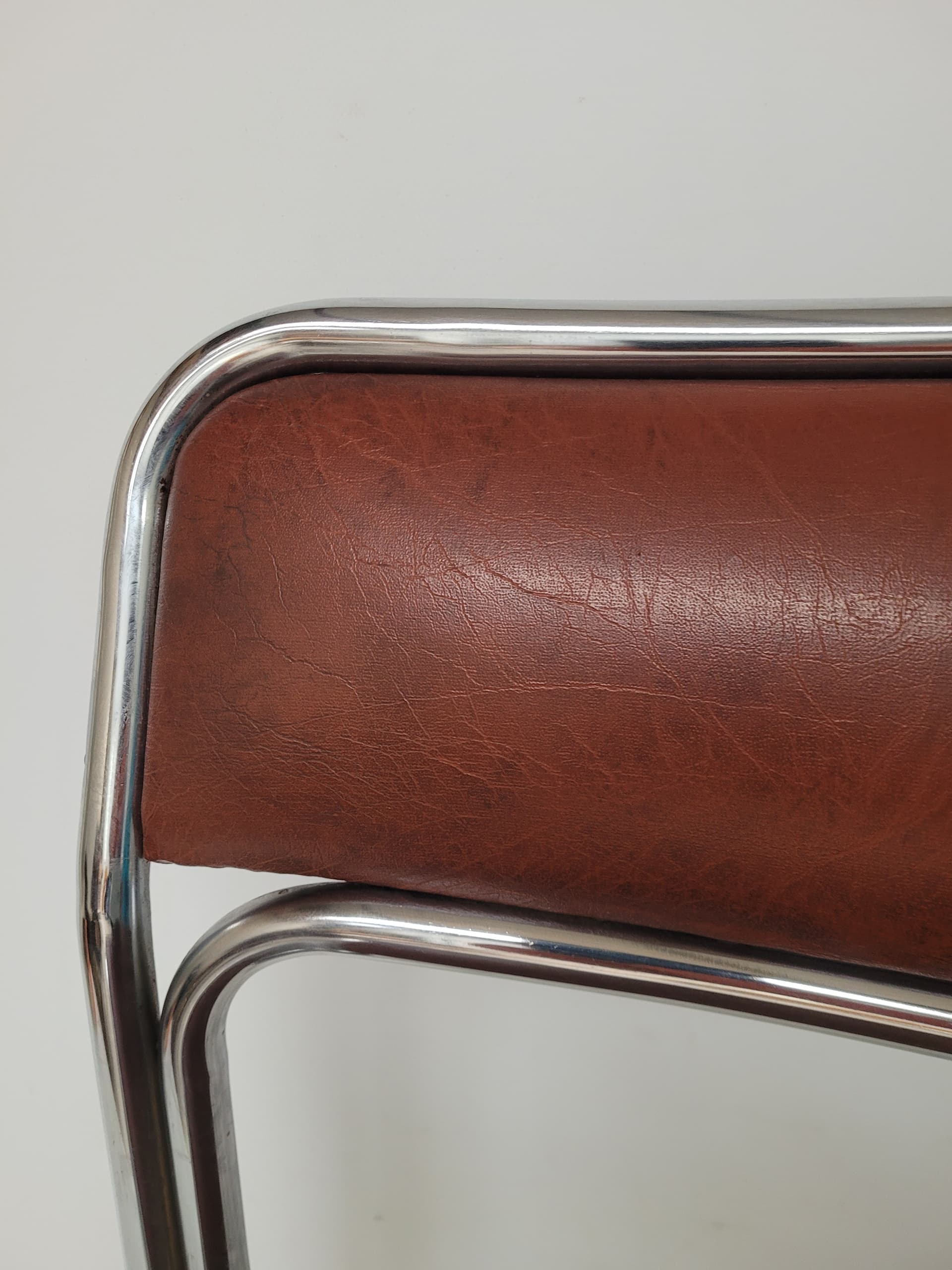 Krzesło Bauhaus, skóra ekologiczna brązowa, stal chromowana srebrna, lata 70. - 399306