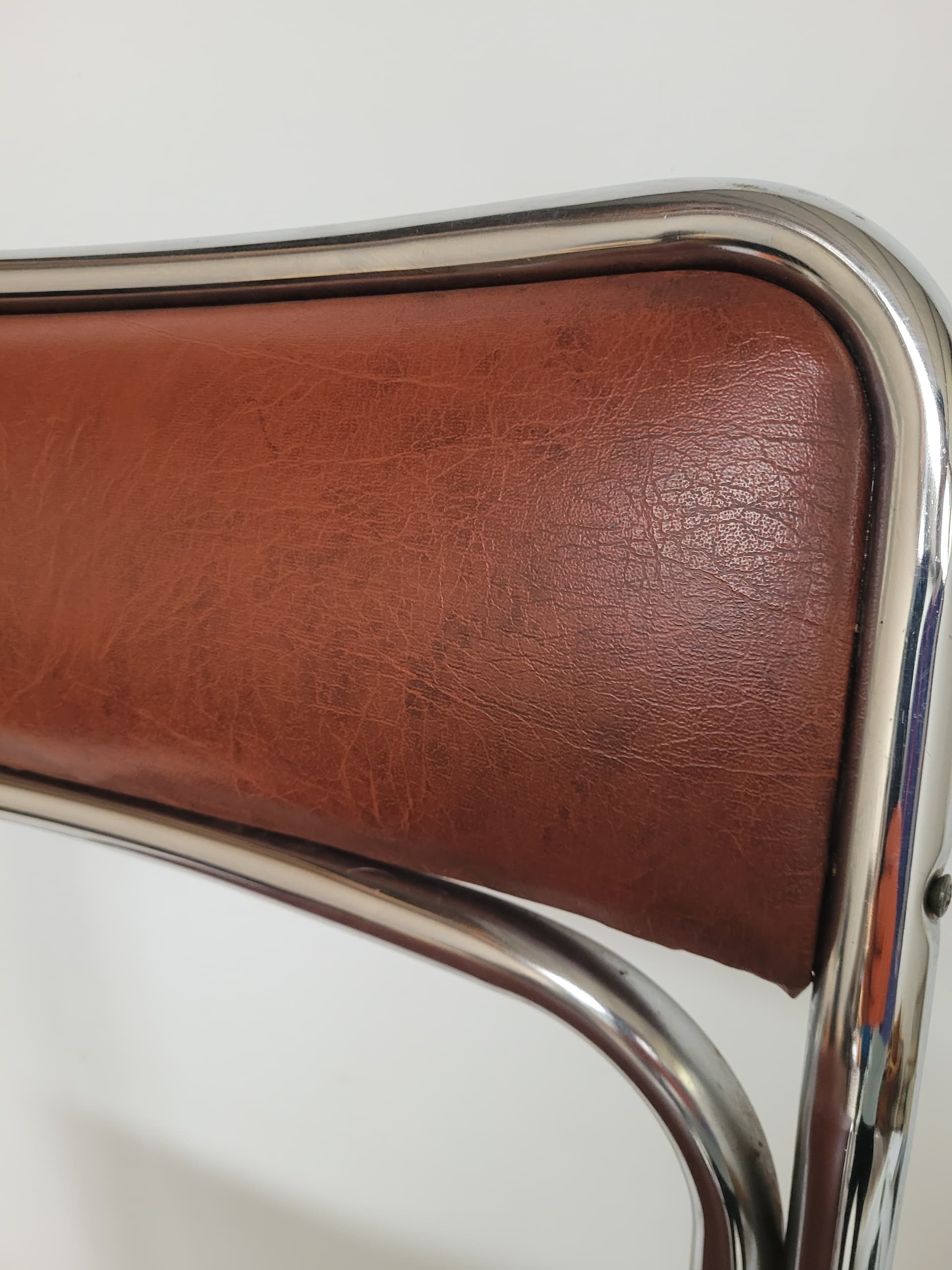 Krzesło Bauhaus, skóra ekologiczna brązowa, stal chromowana srebrna, lata 70. - 399299
