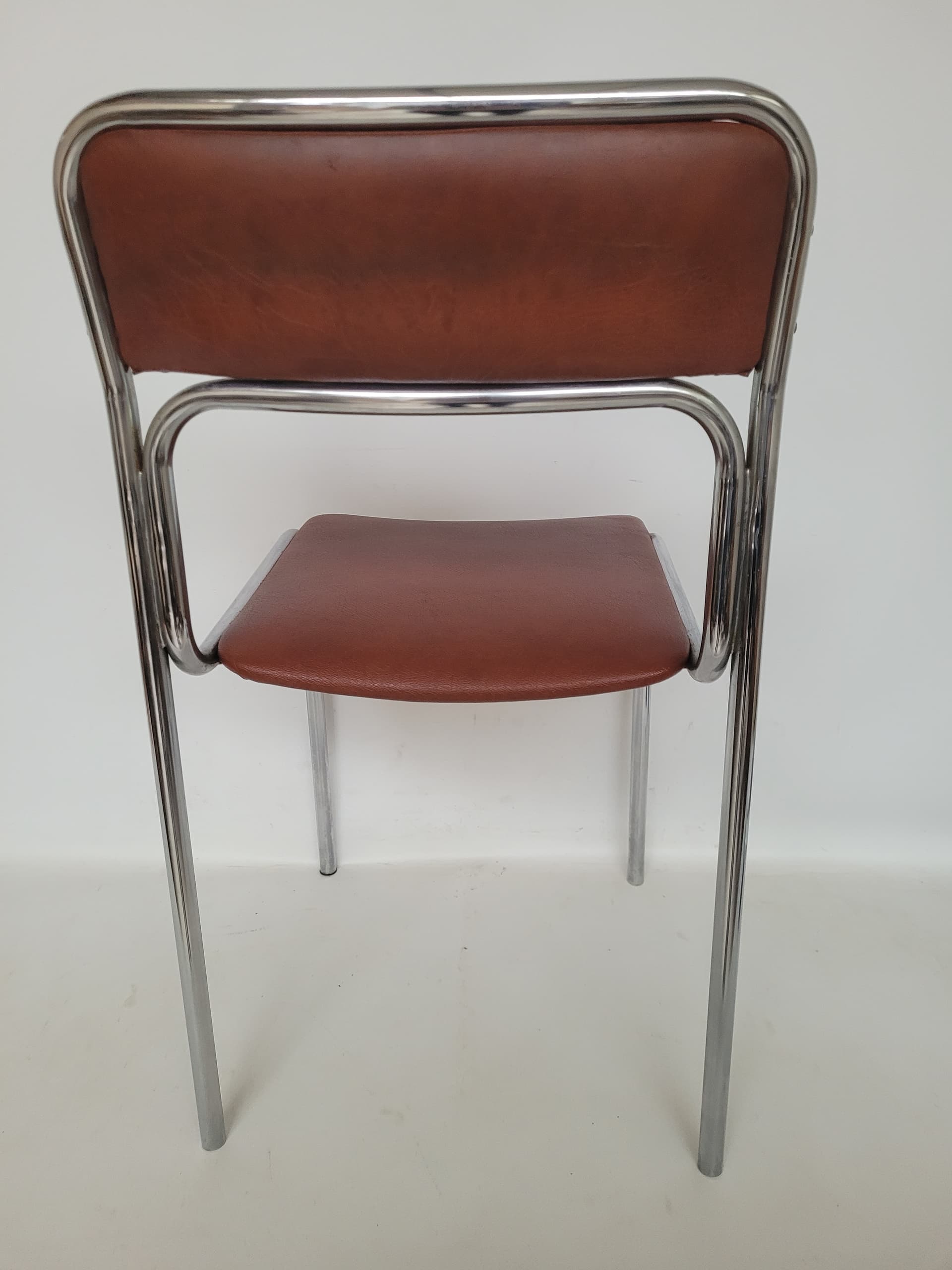 Krzesło Bauhaus, skóra ekologiczna brązowa, stal chromowana srebrna, lata 70. - 399305