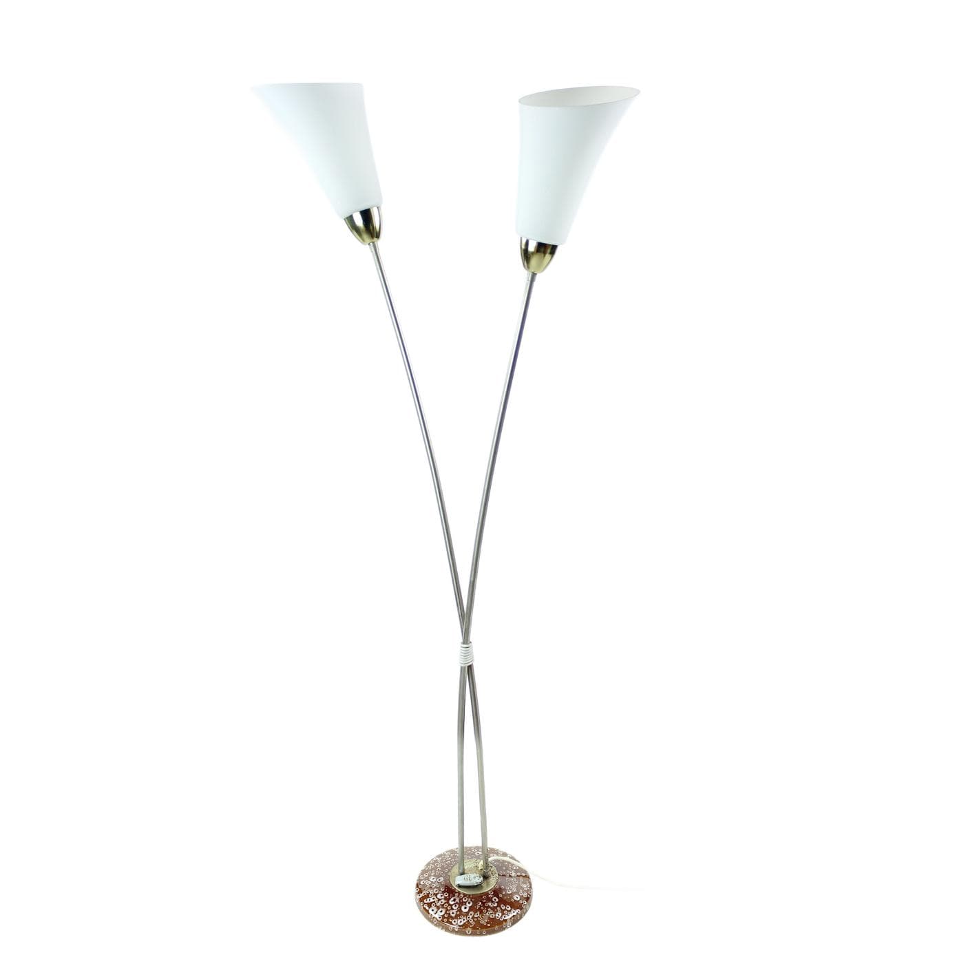 Floor lamp, white glass, silver metal, brown ceramic, Kamenický Šenov, Czechoslovakia, 1970s