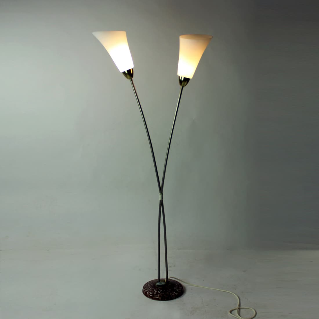 Floor lamp, white glass, silver metal, brown ceramic, Kamenický Šenov, Czechoslovakia, 1970s - 399332