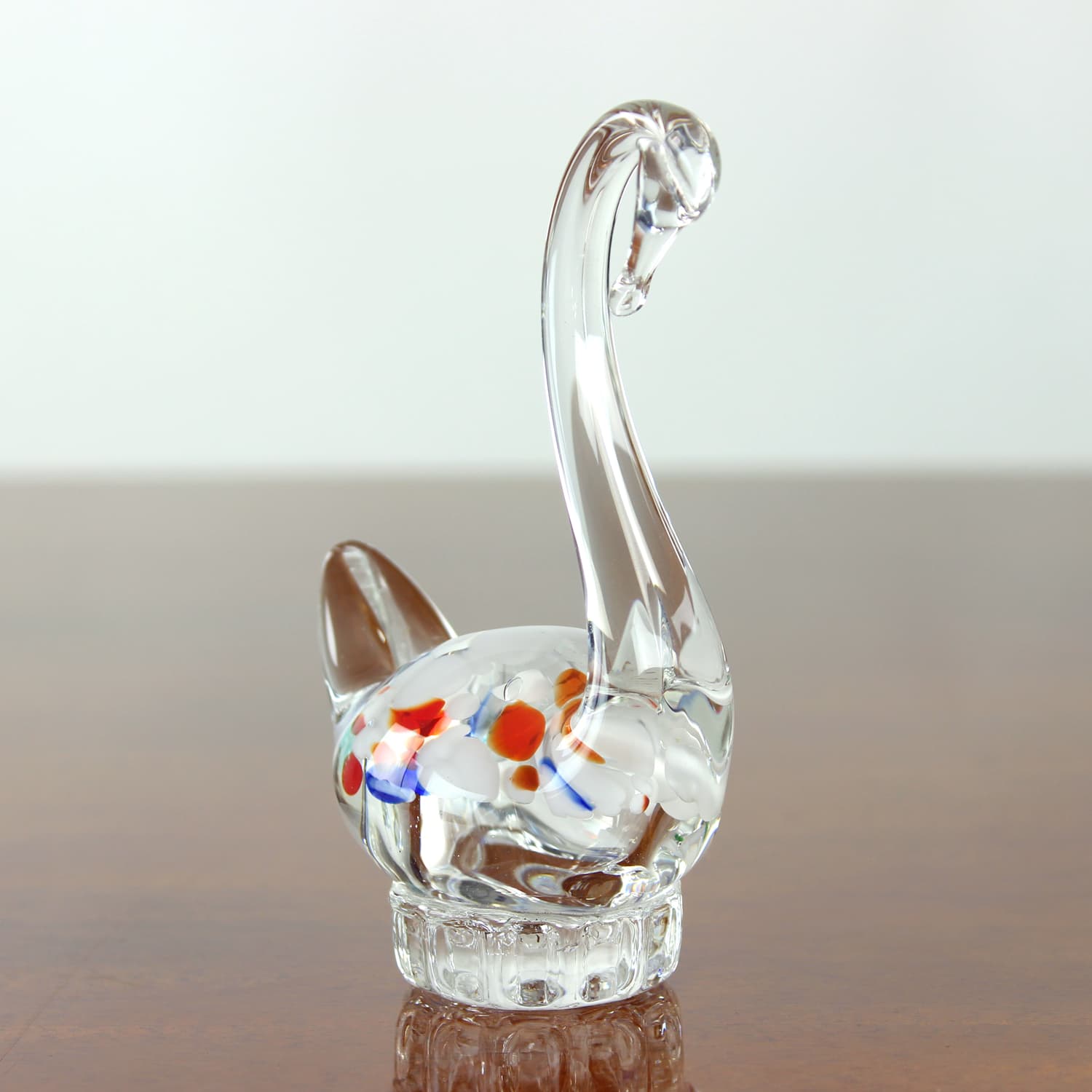 Swan figurine, clear glass, multicolour inclusions, Czechoslovakia, 1960s - 399800