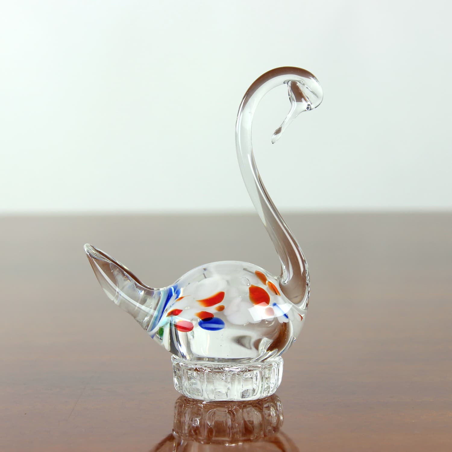 Swan figurine, clear glass, multicolour inclusions, Czechoslovakia, 1960s - 399801