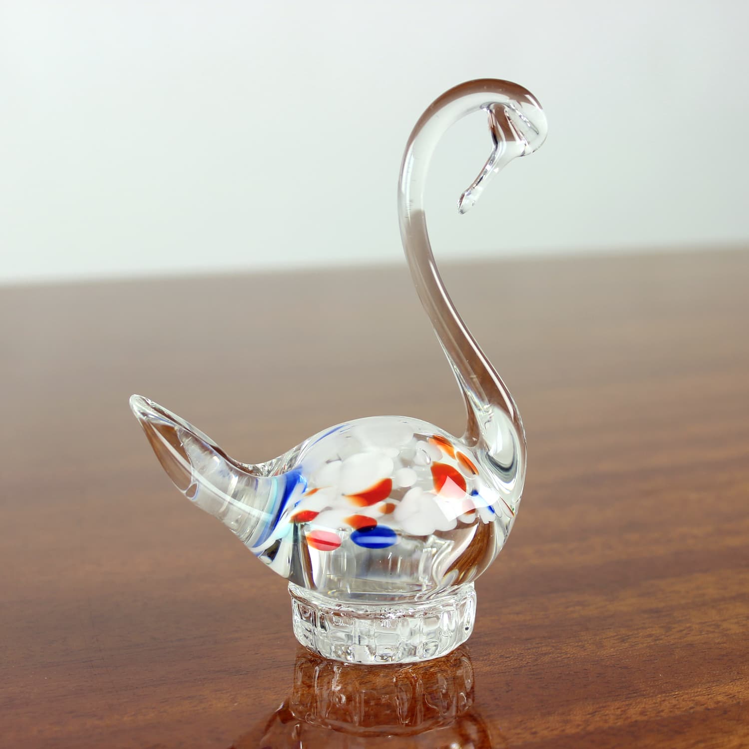 Swan figurine, clear glass, multicolour inclusions, Czechoslovakia, 1960s - 399798