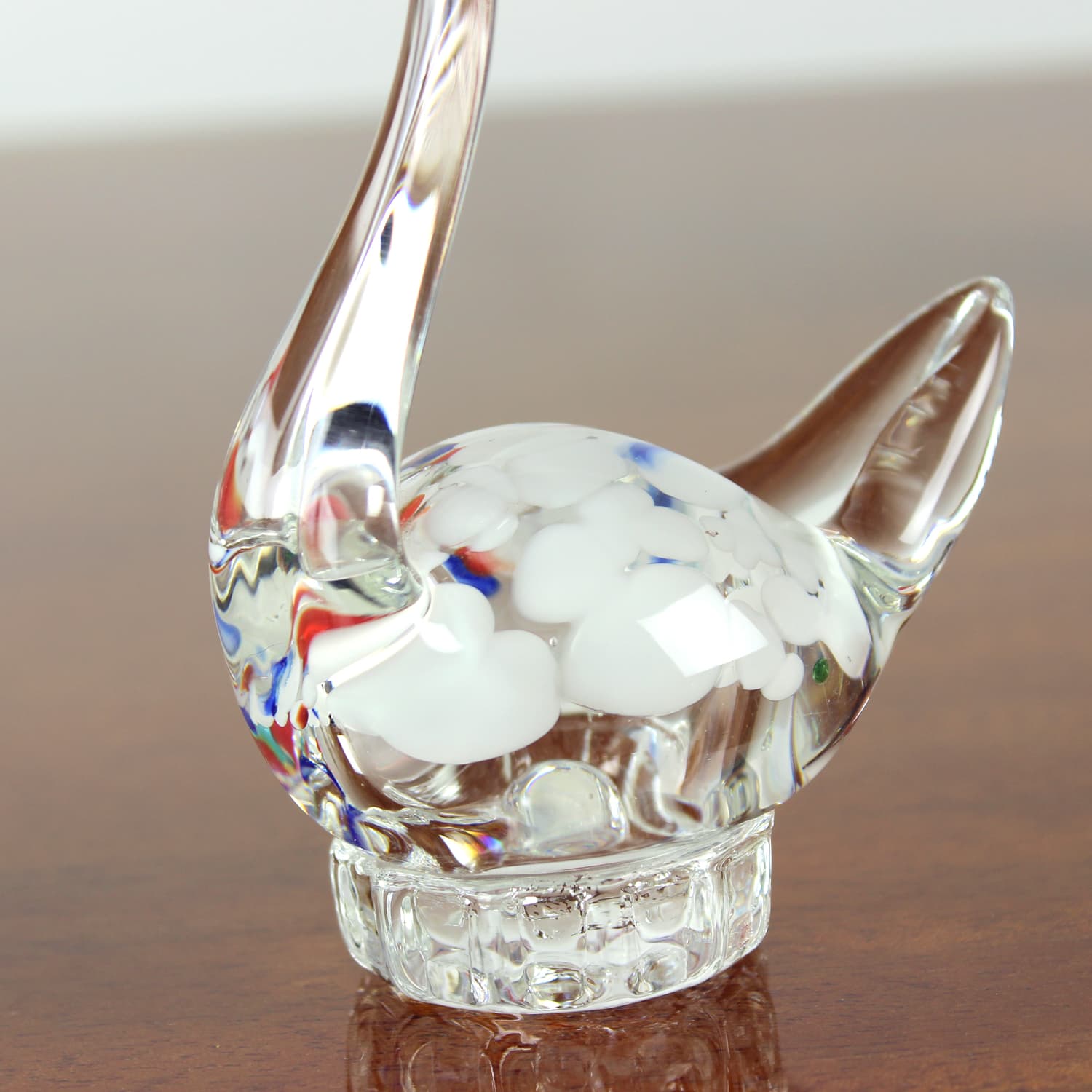 Swan figurine, clear glass, multicolour inclusions, Czechoslovakia, 1960s - 399803