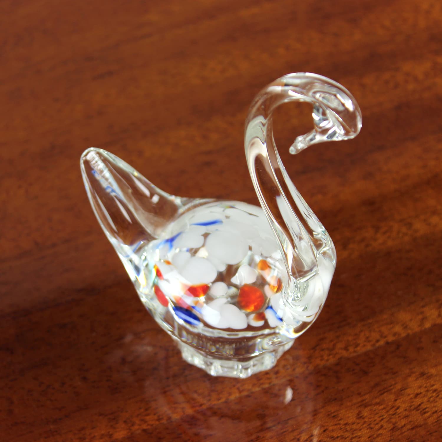 Swan figurine, clear glass, multicolour inclusions, Czechoslovakia, 1960s - 399804