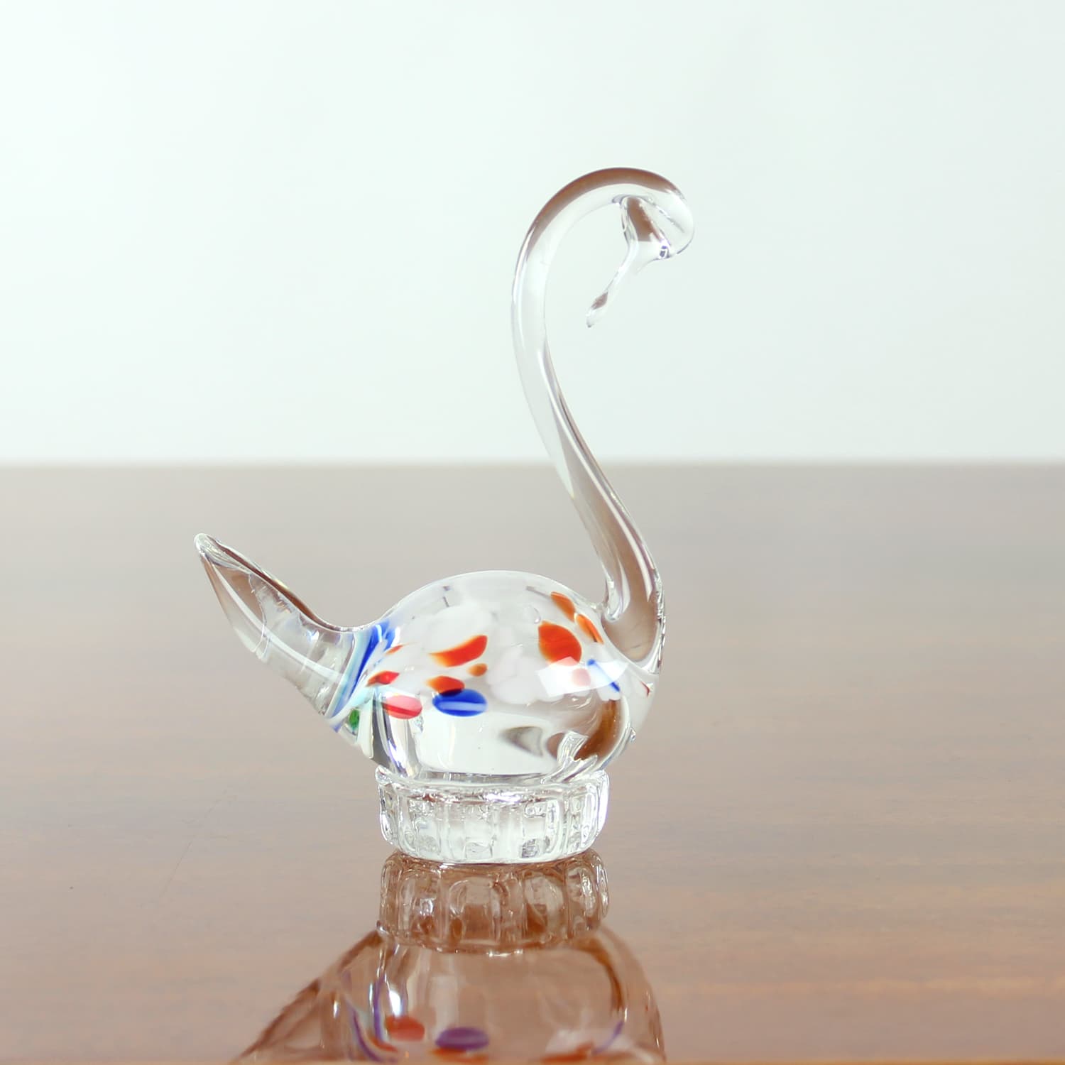Swan figurine, clear glass, multicolour inclusions, Czechoslovakia, 1960s - 399806