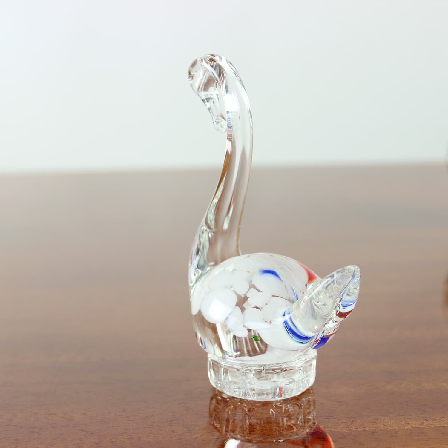 Swan figurine, clear glass, multicolour inclusions, Czechoslovakia, 1960s - 399802