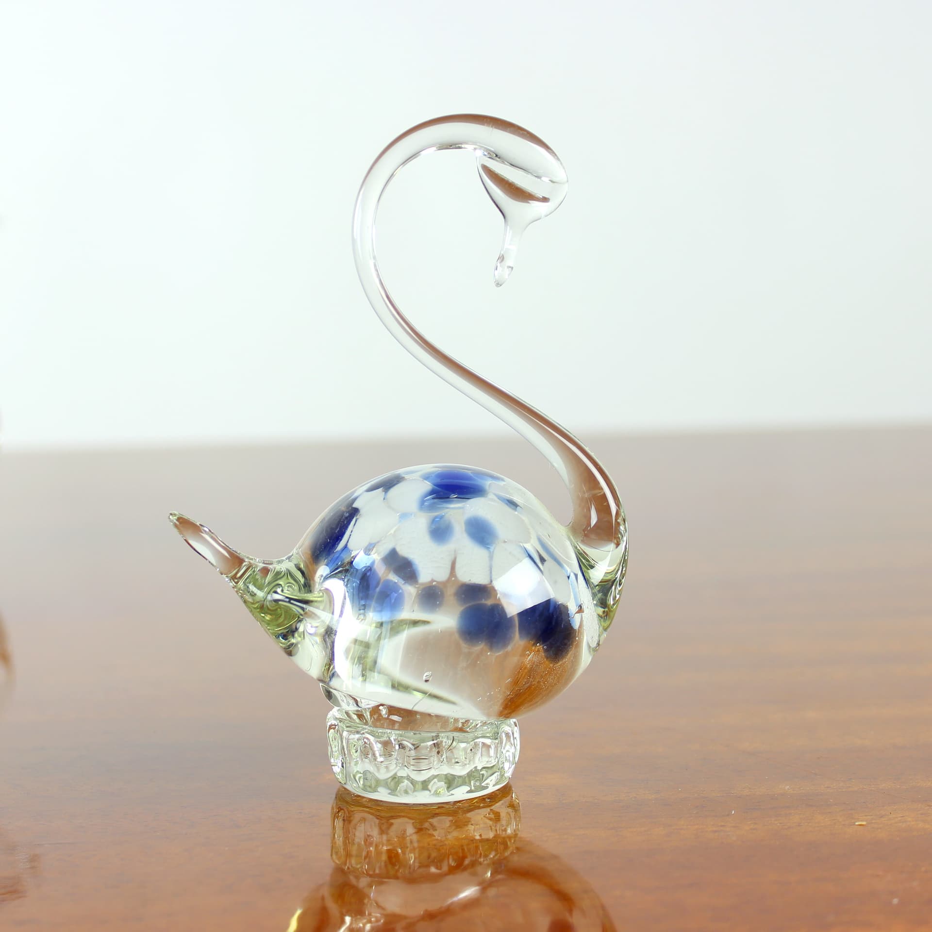 Swan figurine, clear glass, blue, white, Czechoslovakia, 1960s. - 399841