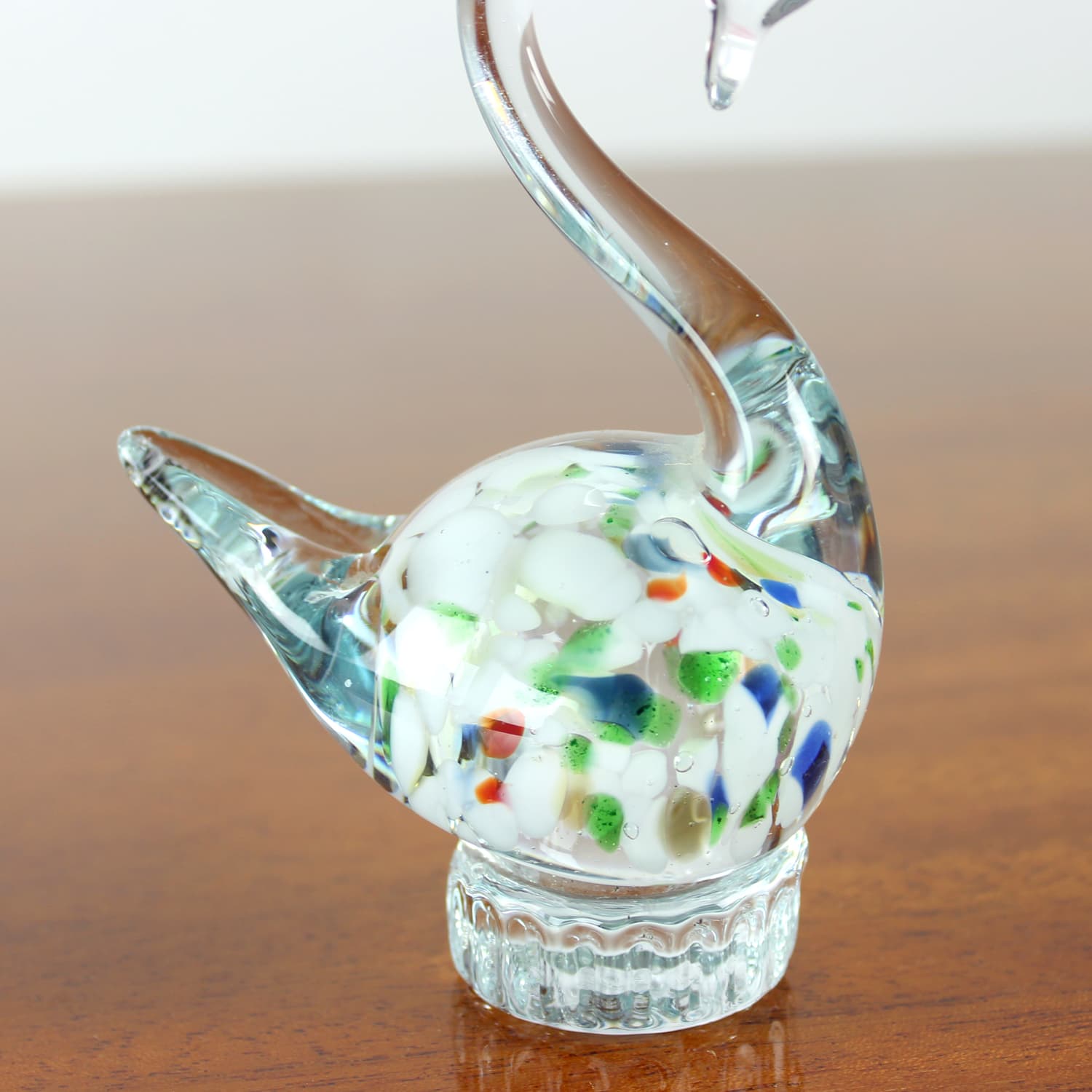 Swan figurine, clear glass, multicolour inclusions, Czechoslovakia, 1960s - 399878