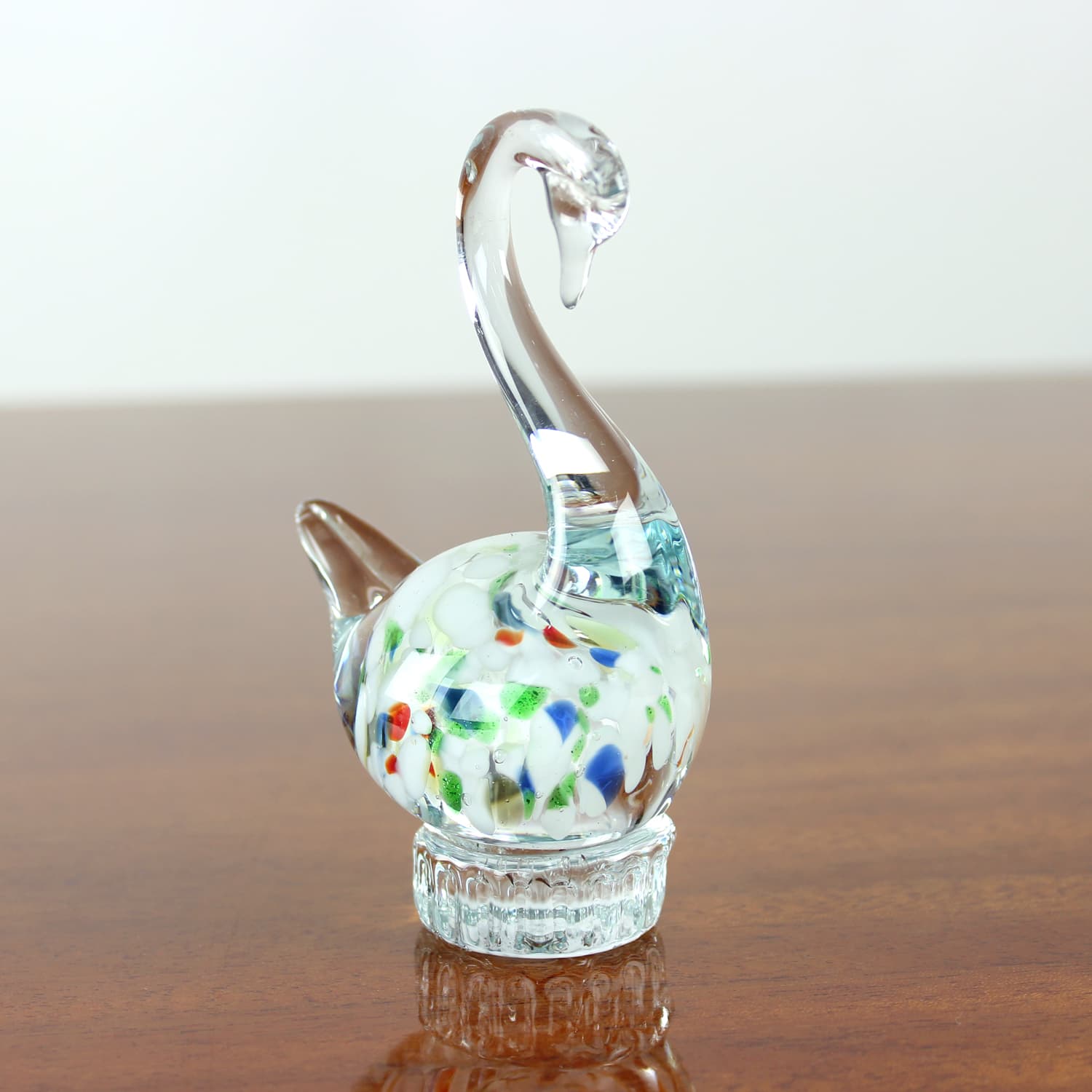 Swan figurine, clear glass, multicolour inclusions, Czechoslovakia, 1960s - 399873